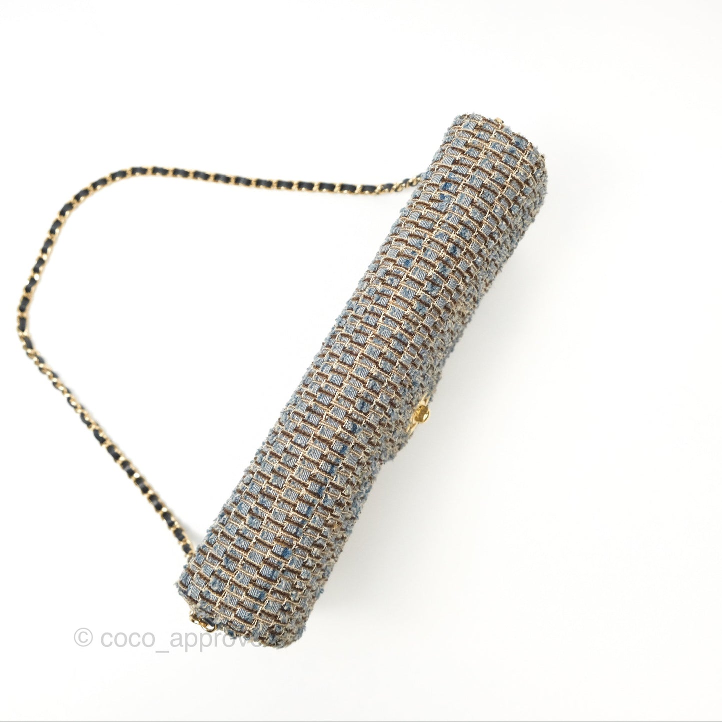 Chanel East West Chocolate Bar Flap Bag Grey Blue Tweed 24K Gold Hardware