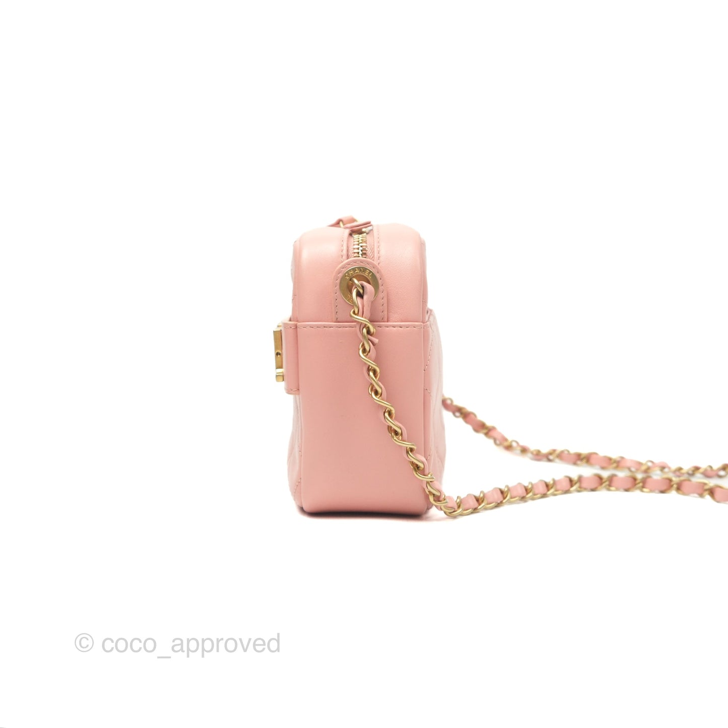 Chanel Logo Enchained Camera Bag Pink Calfskin Aged Gold Hardware