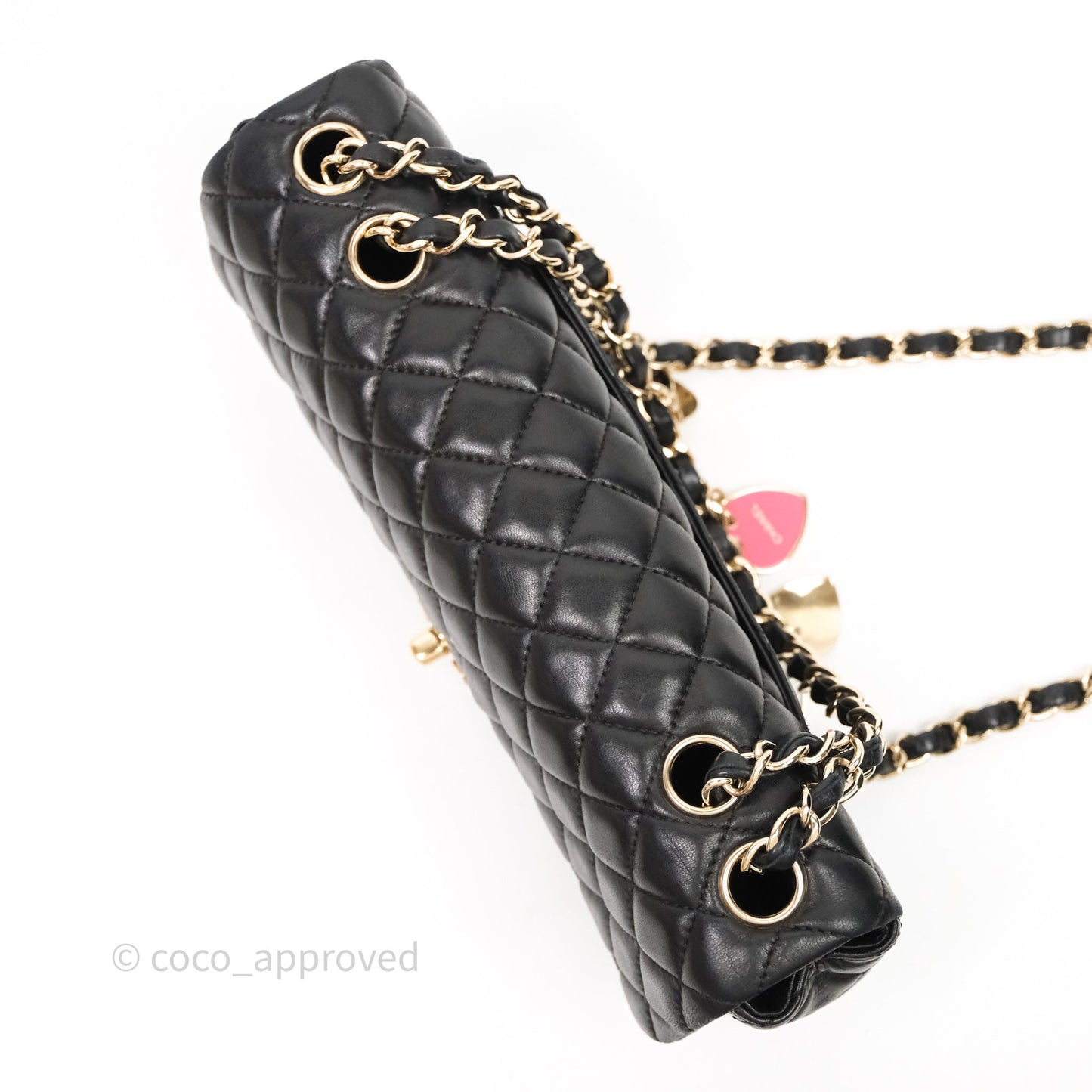 Chanel Quilted East West With Charm Flap Bag Lambskin Black Gold Hardware