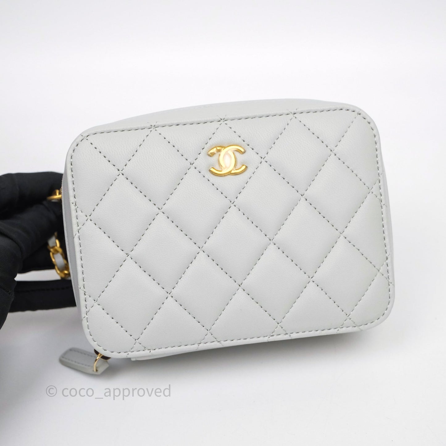 Chanel Quilted CC Pearl Crush Camera Case Light Blue Grey Lambskin Aged Gold Hardware