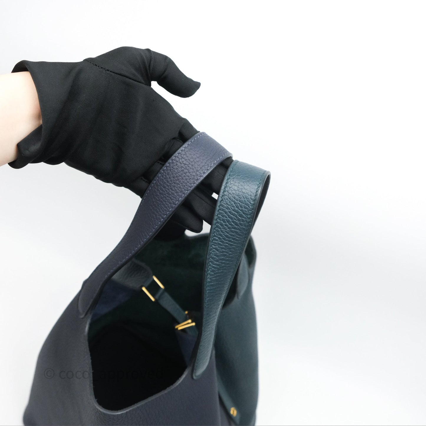 Hermès Picotin Lock 22 Casaque Vert Cyprès 6O/ Bleu Nuit 2Z/ Black Noir 89 Clemence Gold Hardware