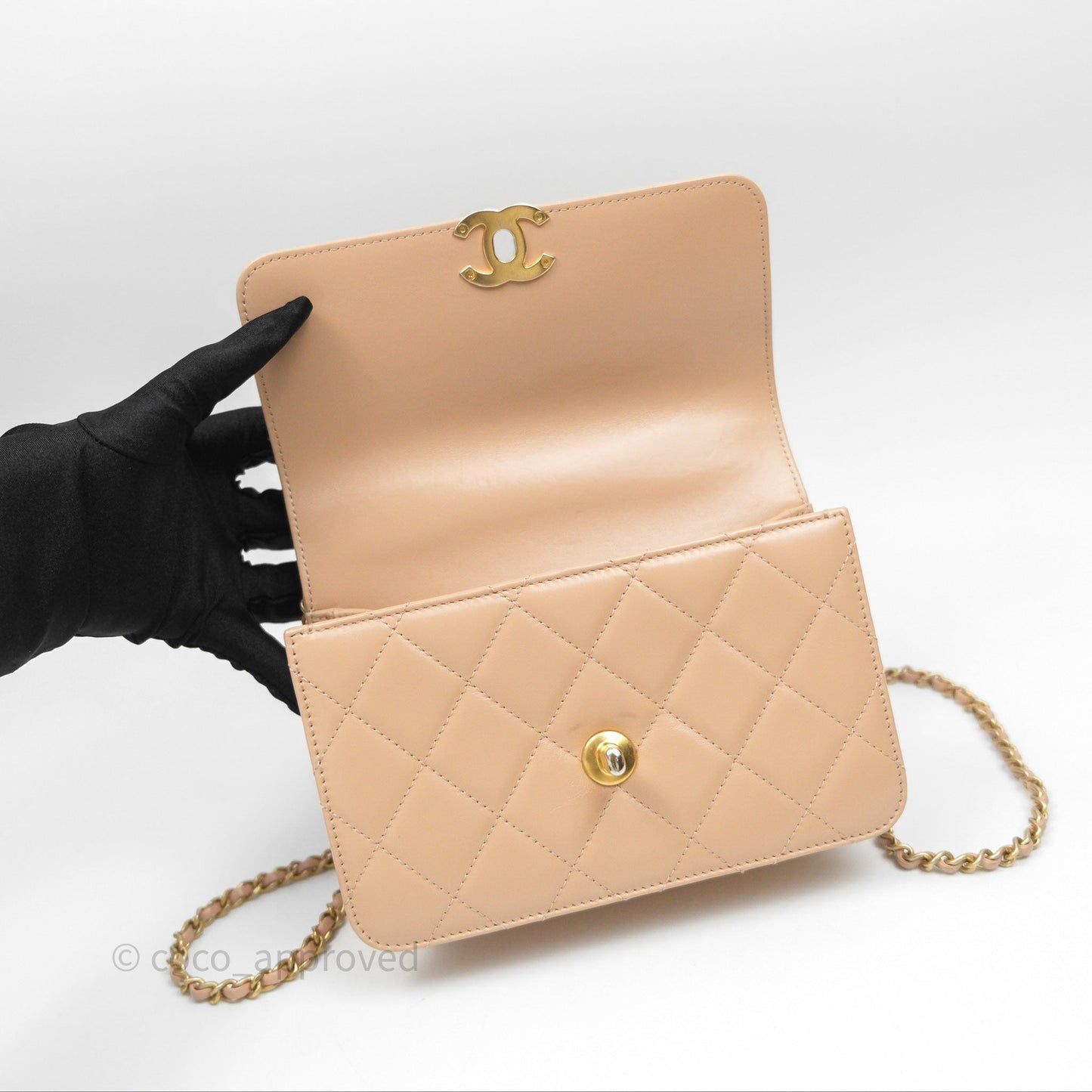Chanel Quilted Mini Perfect Fit Adjustable Beige Calfskin Gold Hardware