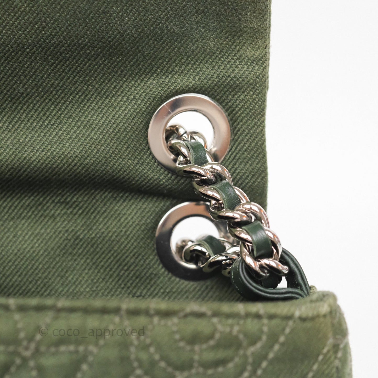 Chanel Camellia Flap Bag Army Green Denim Silver Hardware