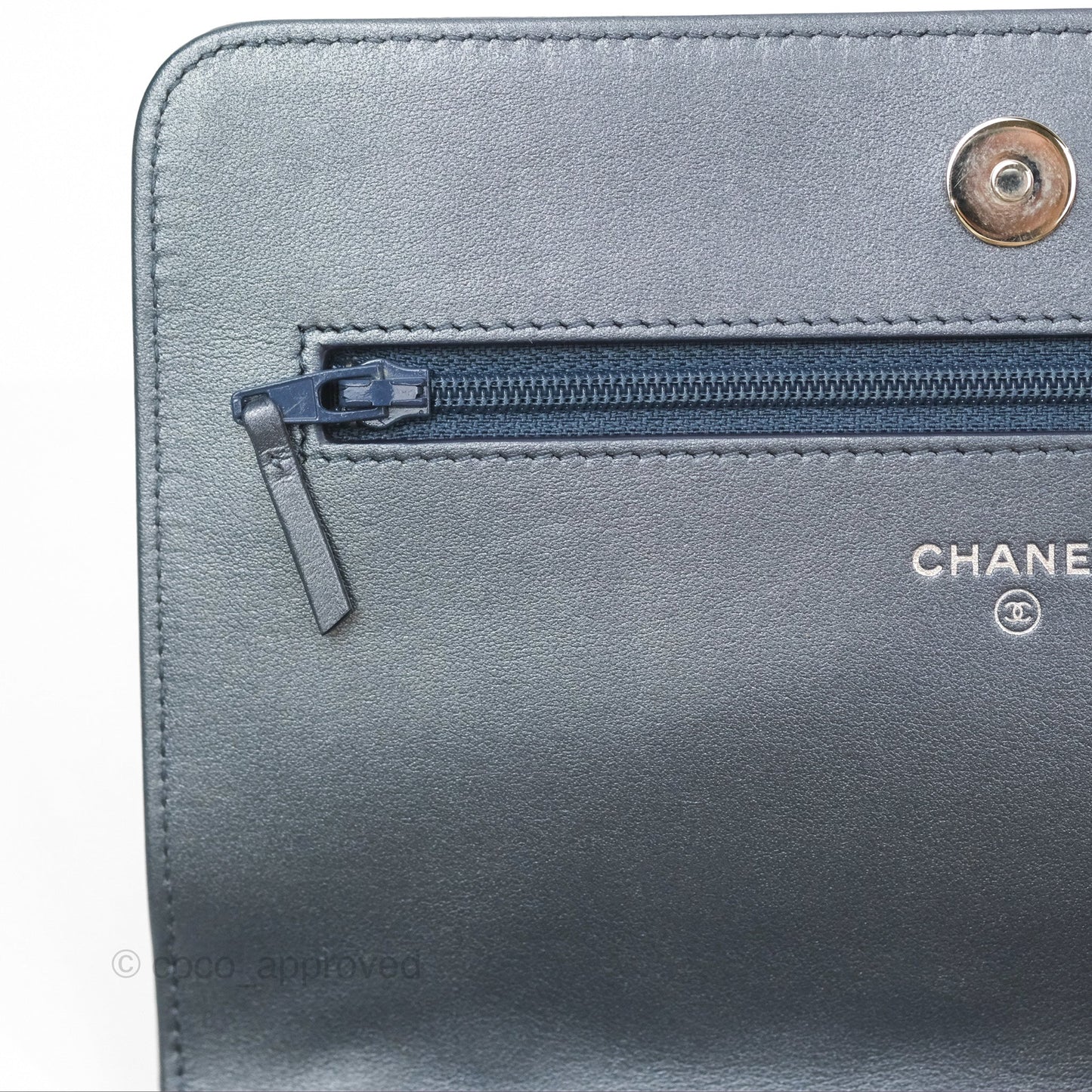 Chanel Camellia Wallet on Chain WOC Iridescent Navy Calfskin Silver Hardware
