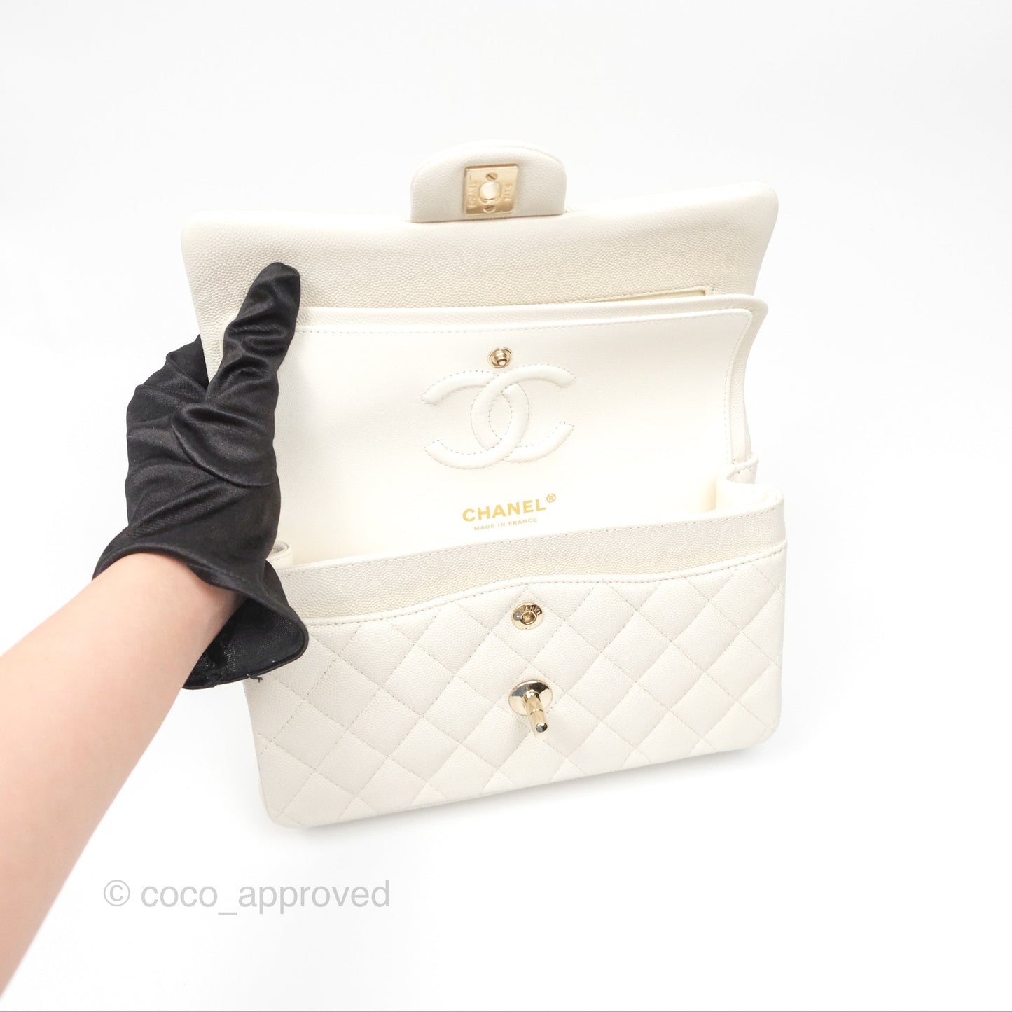 Chanel Small Classic Quilted Flap Light Ivory Caviar Gold Hardware