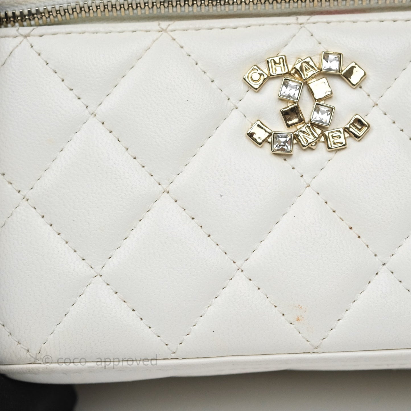 Chanel Logo Crystals Top Handle Vanity Rectangular White Lambskin Gold Hardware