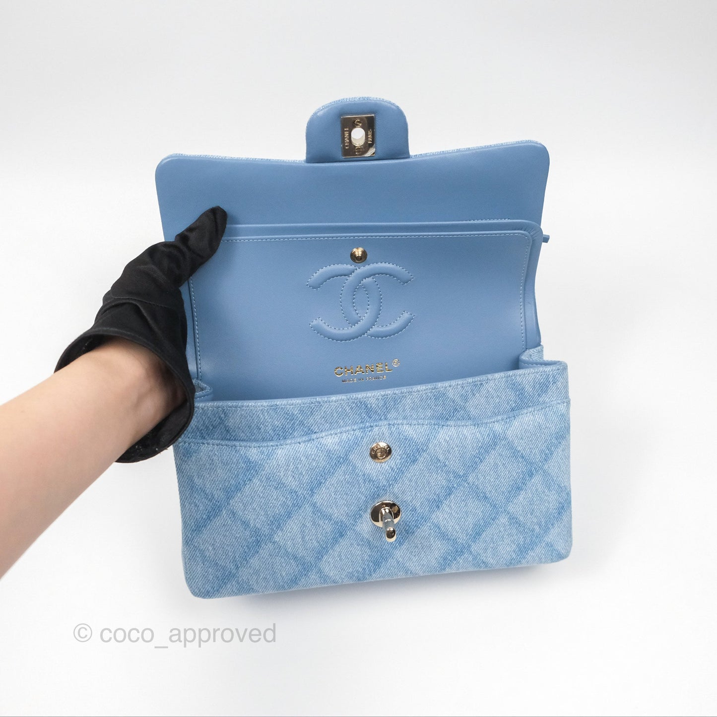 Chanel Quilted Small Double Flap Blue Printed Denim Gold Hardware