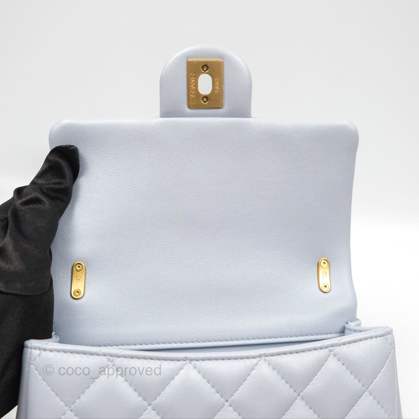 Chanel Mini Flap Bag with Pearl Chain Pearly Light Blue Lambskin Aged Gold Hardware 24P