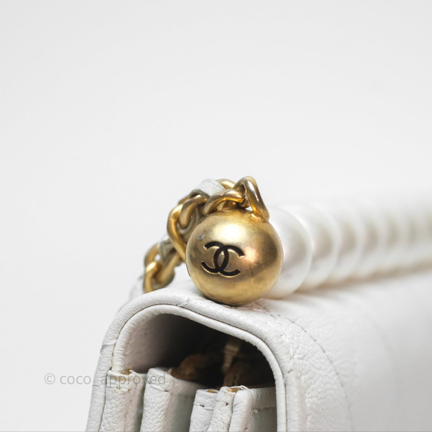 Chanel Quilted Mini Chic Pearls Flap Wallet On Chain WOC White Goatskin Aged Gold Hardware