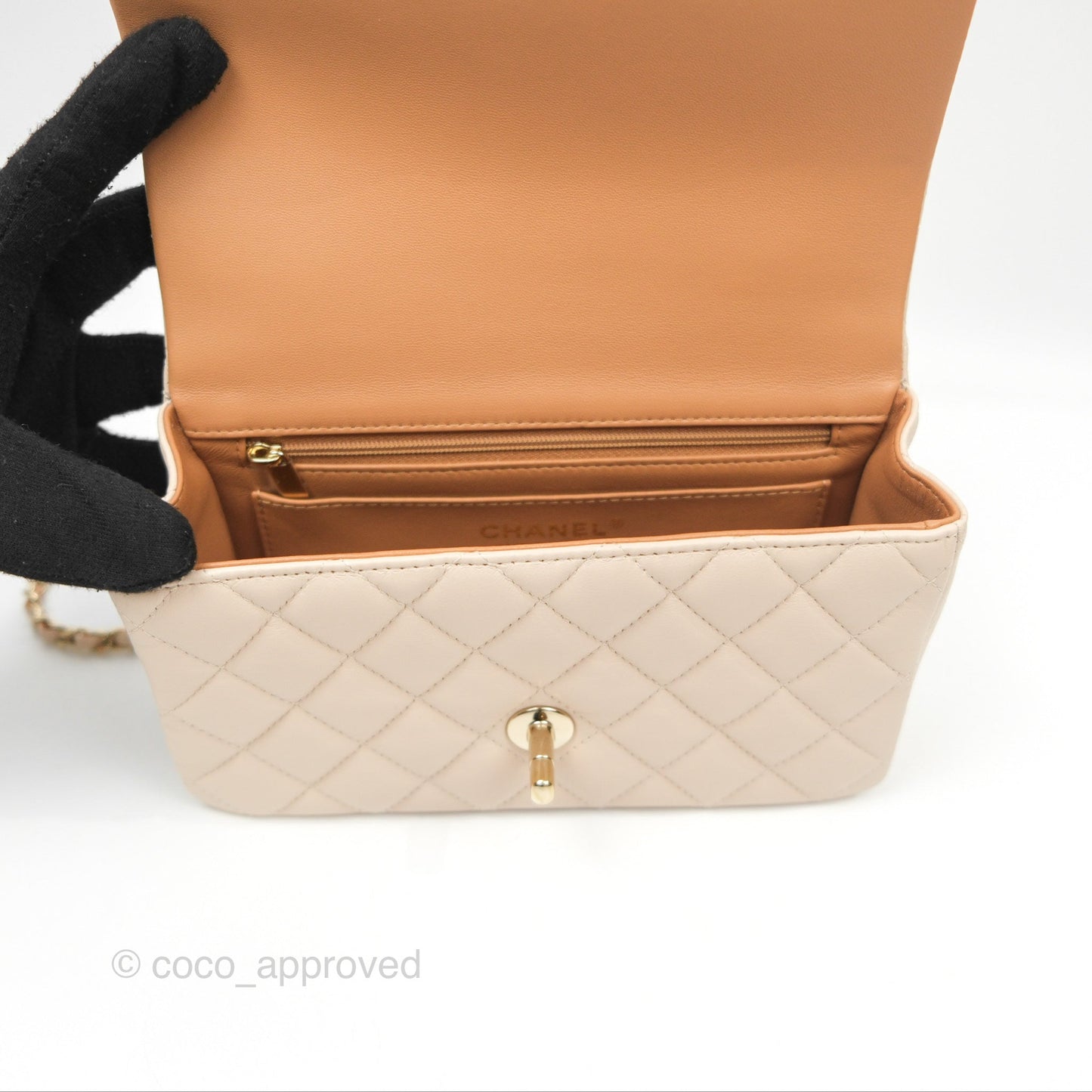 Chanel Top Handle Mini Rectangular Flap Bag Ecru/Beige Lambskin Gold Hardware 23P