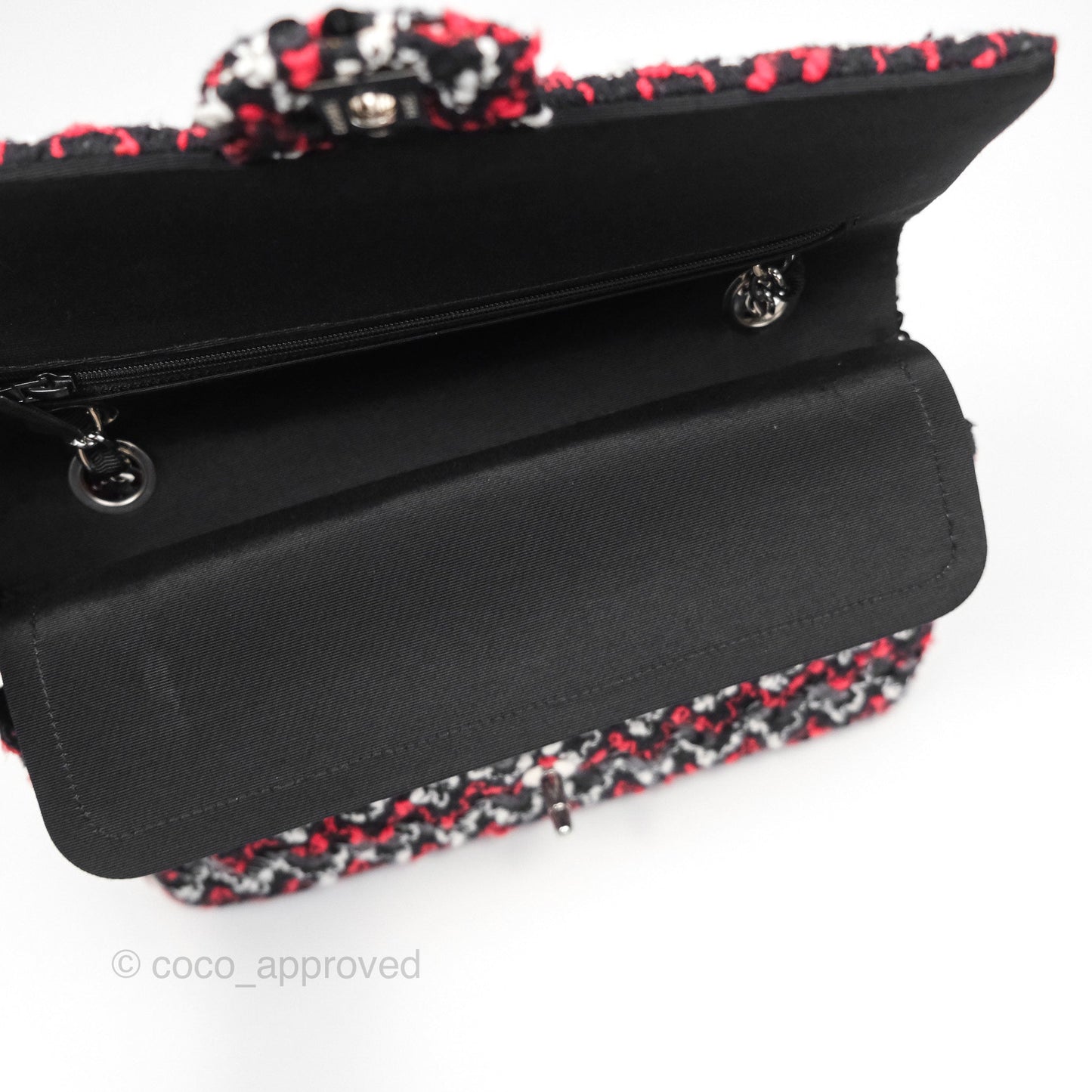 Chanel Shoulder Flap Bag Red/ Black/ White Tweed Sequins Silver Hardware