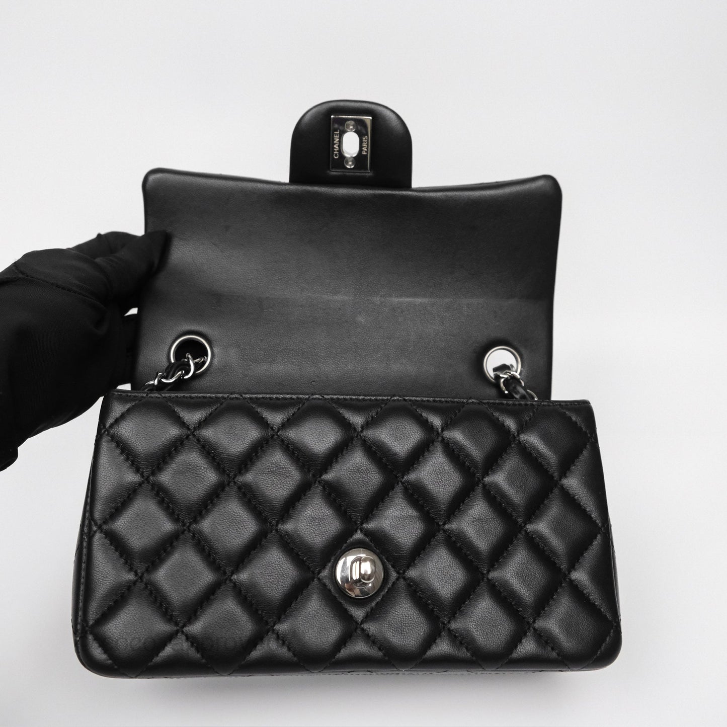 Chanel Quilted Mini Rectangular Flap Black Lambskin Silver Hardware