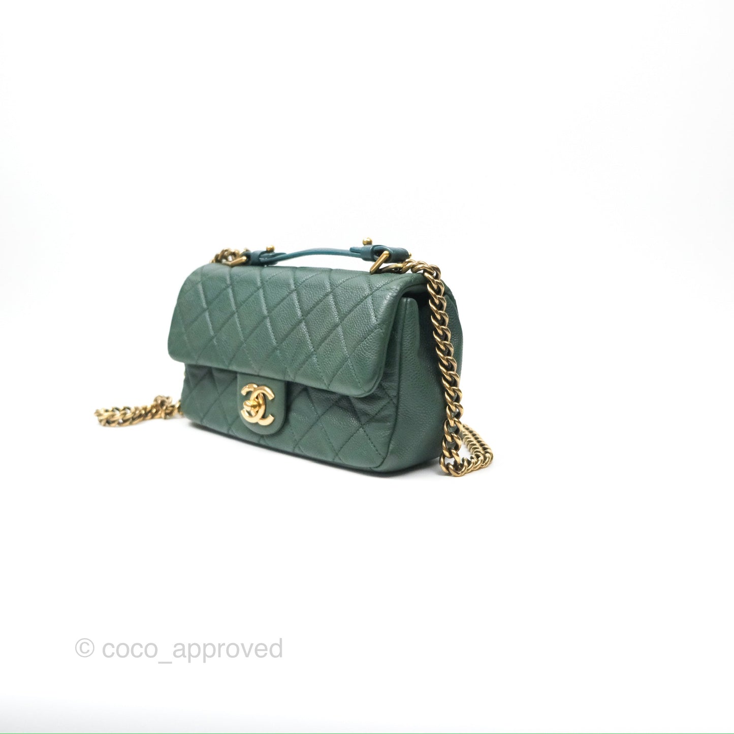 Chanel Globe Trotter Flap Bag Dark Green Caviar Aged Gold Hardware