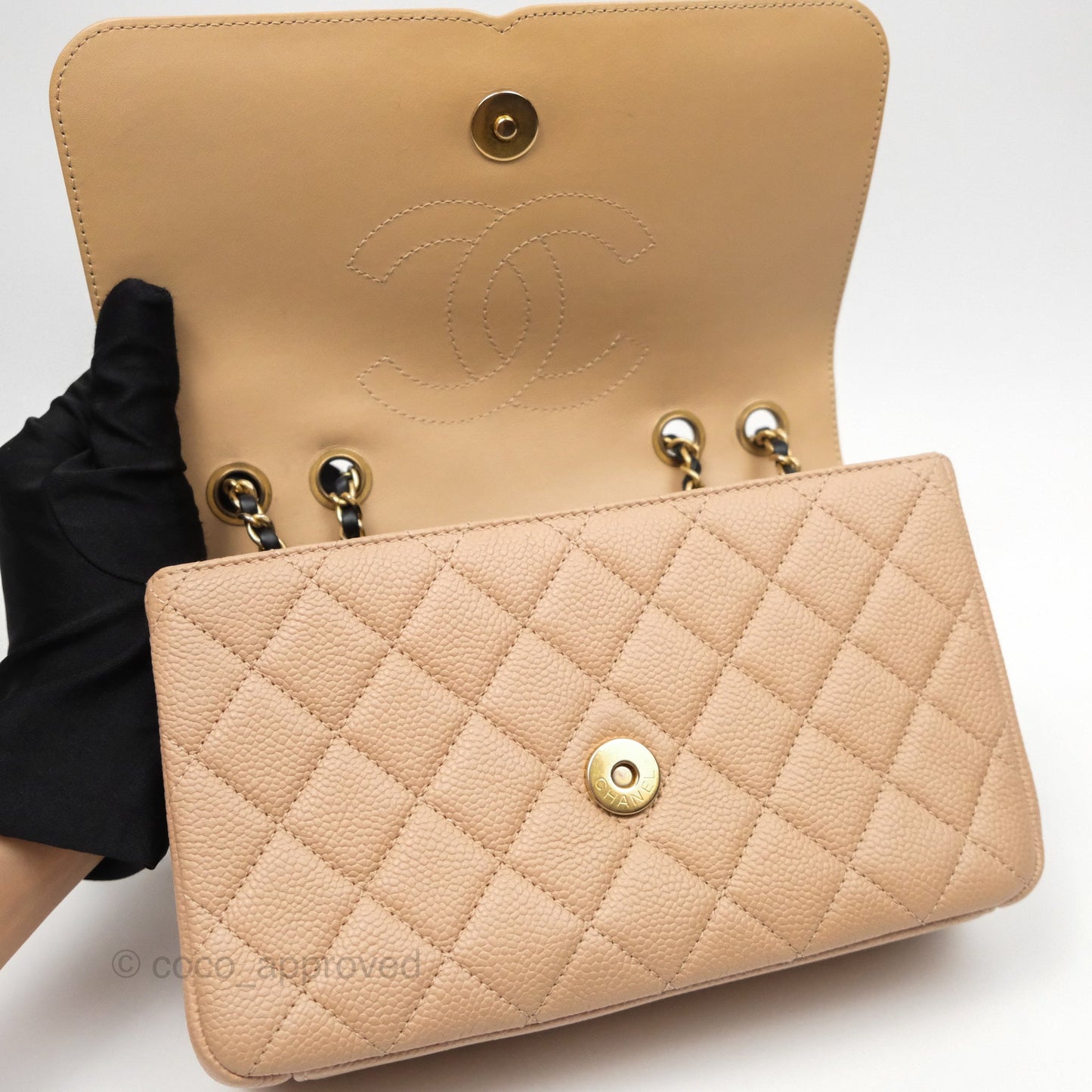 Chanel Small CC Filigree Flap Quilted Beige Black Caviar