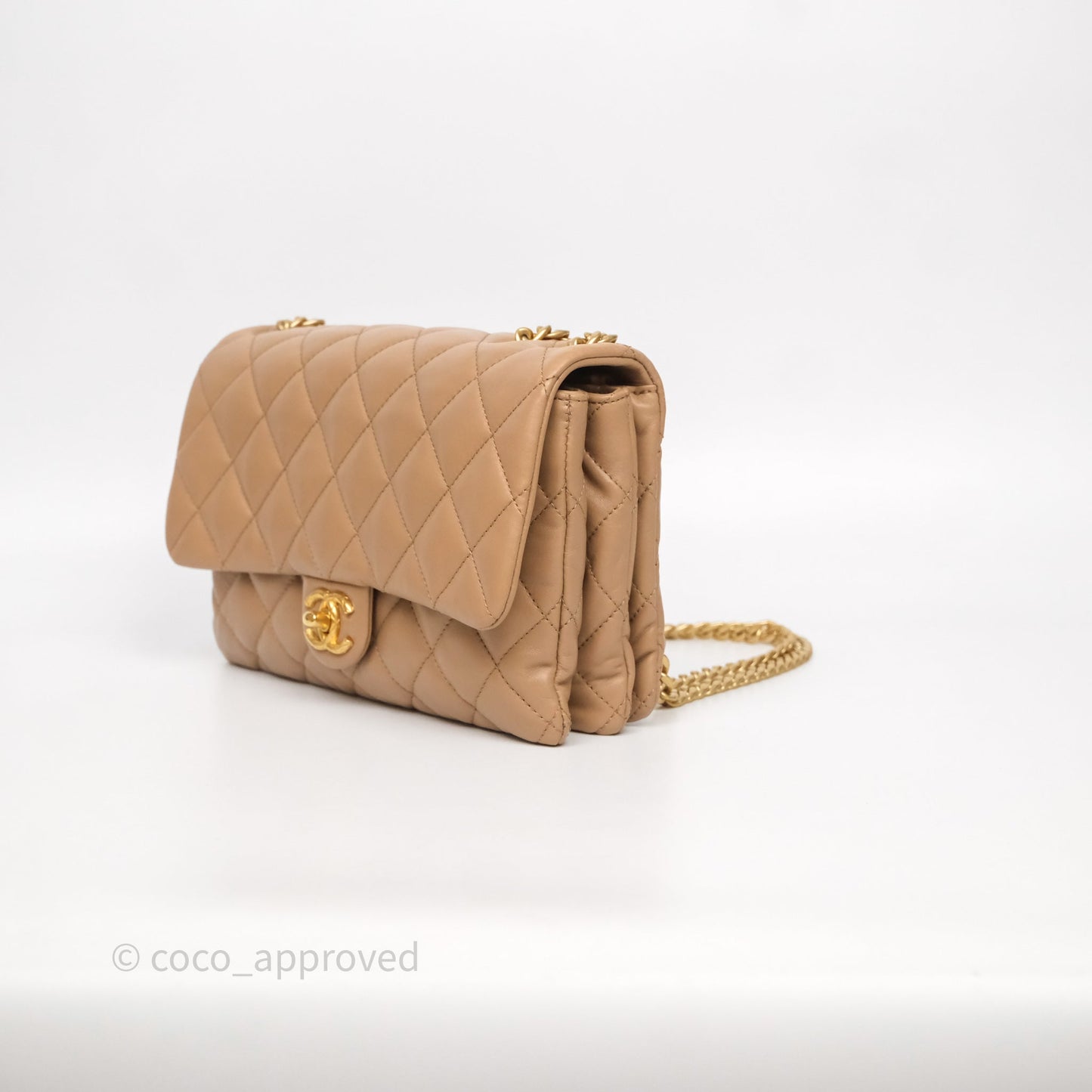 Chanel Medium All Slide Adjustable Chain Flap Bag Beige Lambskin Aged Gold Hardware