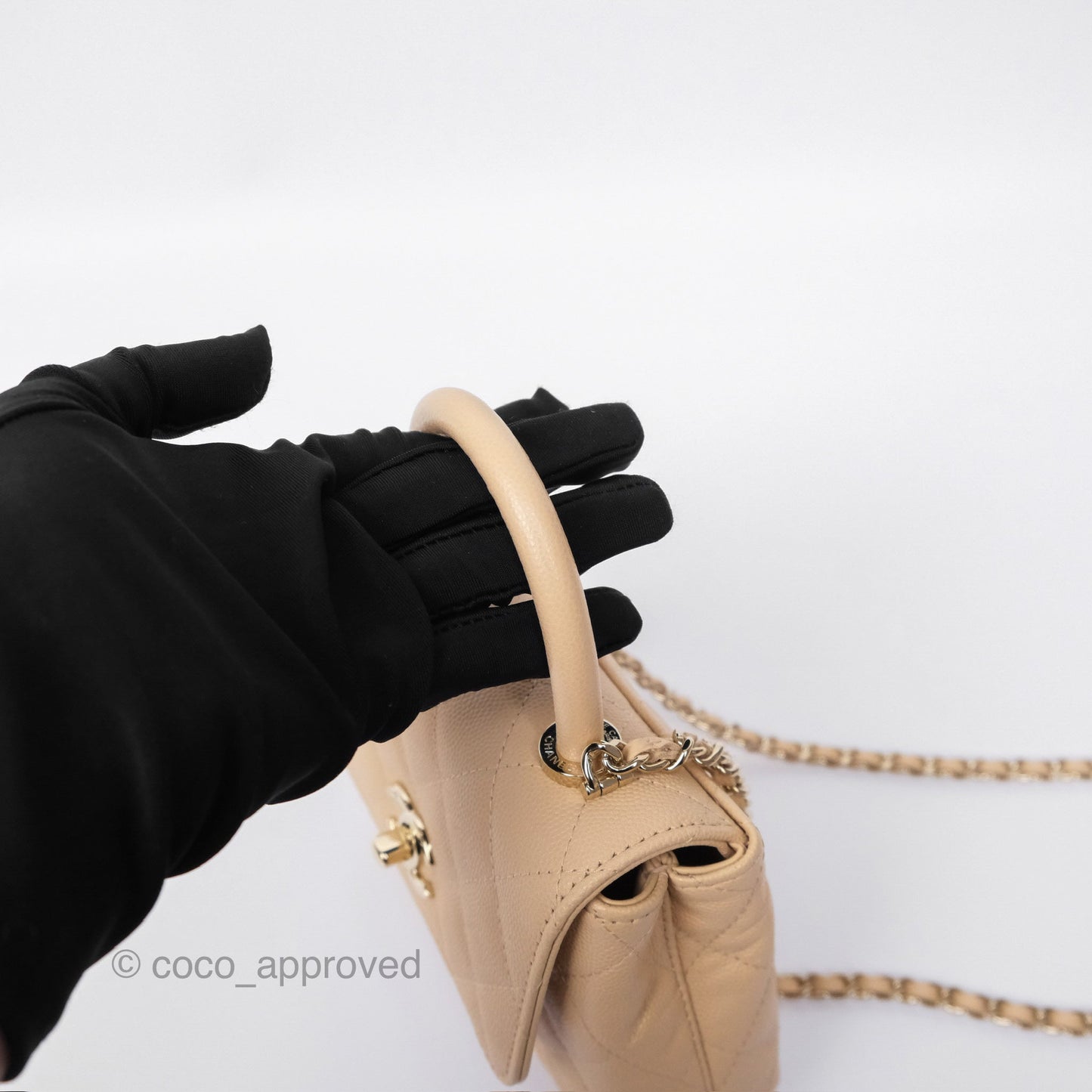 Chanel Coco Handle Clutch with Chain Quilted Beige Caviar Gold Hardware
