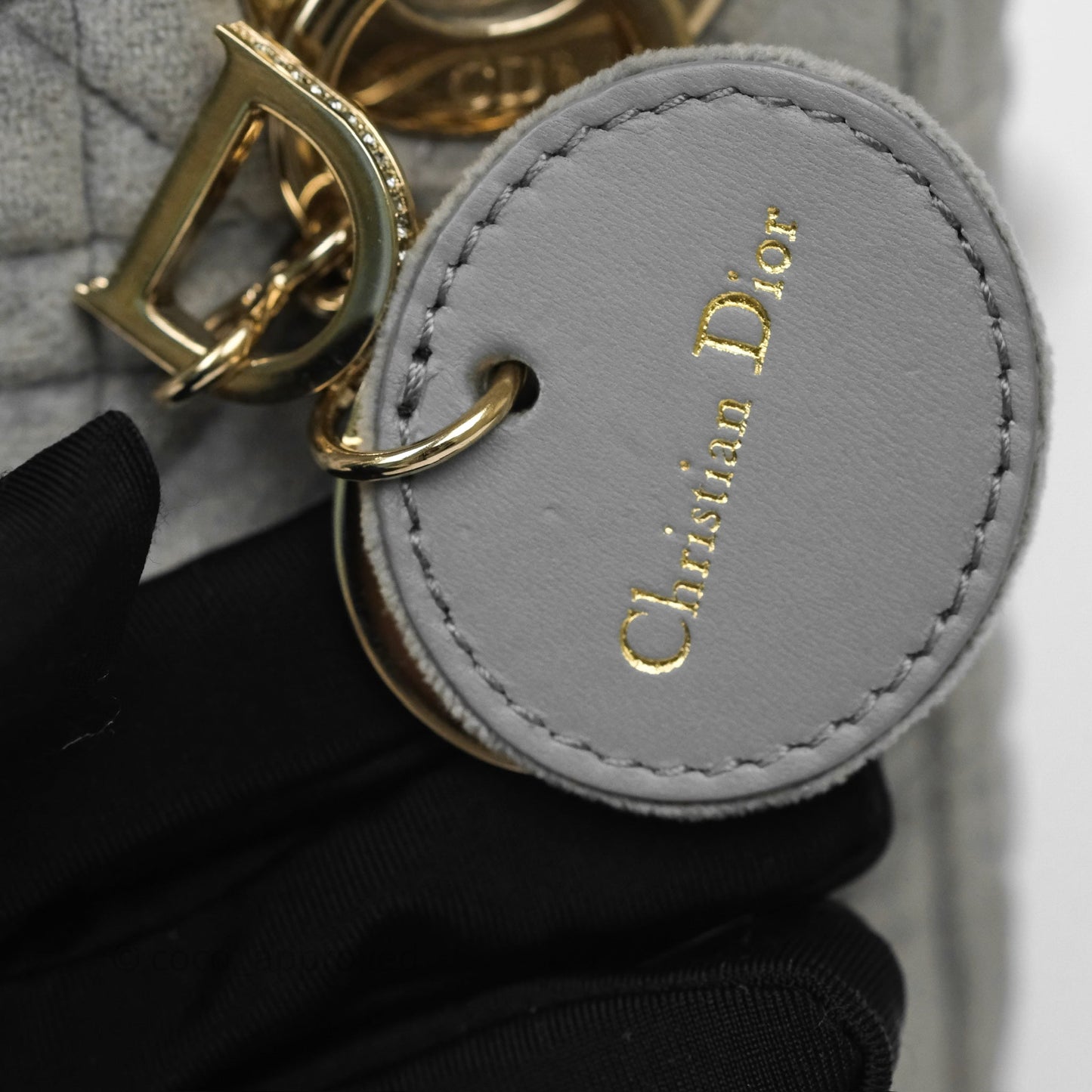 Dior Mini Lady Dior Grey Velvet Cannage Crystal Charms Gold Hardware
