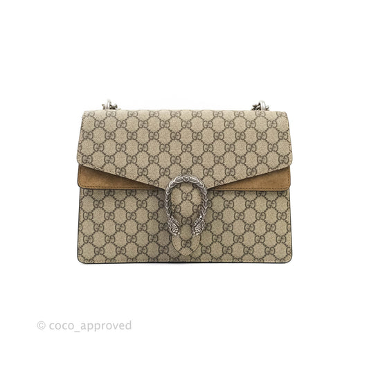 Gucci Dionysus Medium GG Supreme Canvas Suede Shoulder Bag Antique Silver Hardware