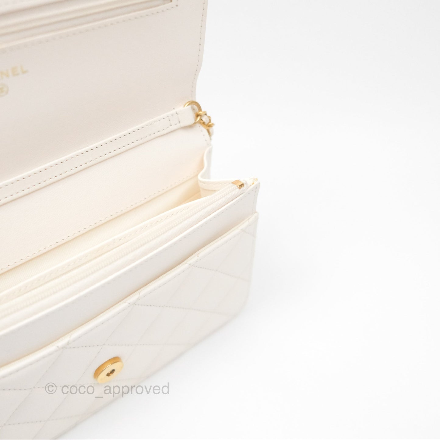 Chanel Quilted Wallet on Chain WOC Coco Heart Chain White Lambskin Aged Gold Hardware 22K