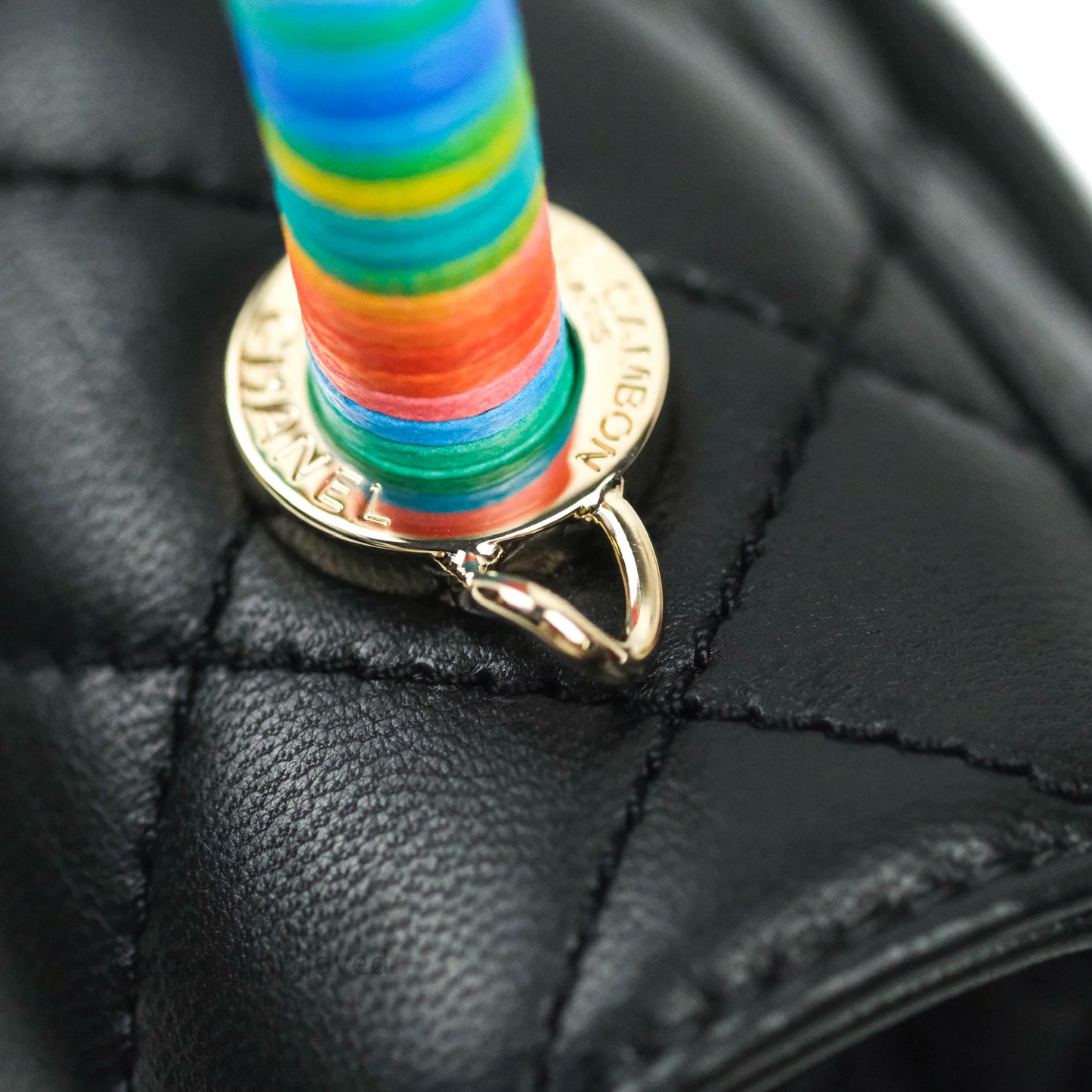 Chanel Quilted Extra Mini Rainbow Coco Handle Bag Lambskin Black Gold Hardware