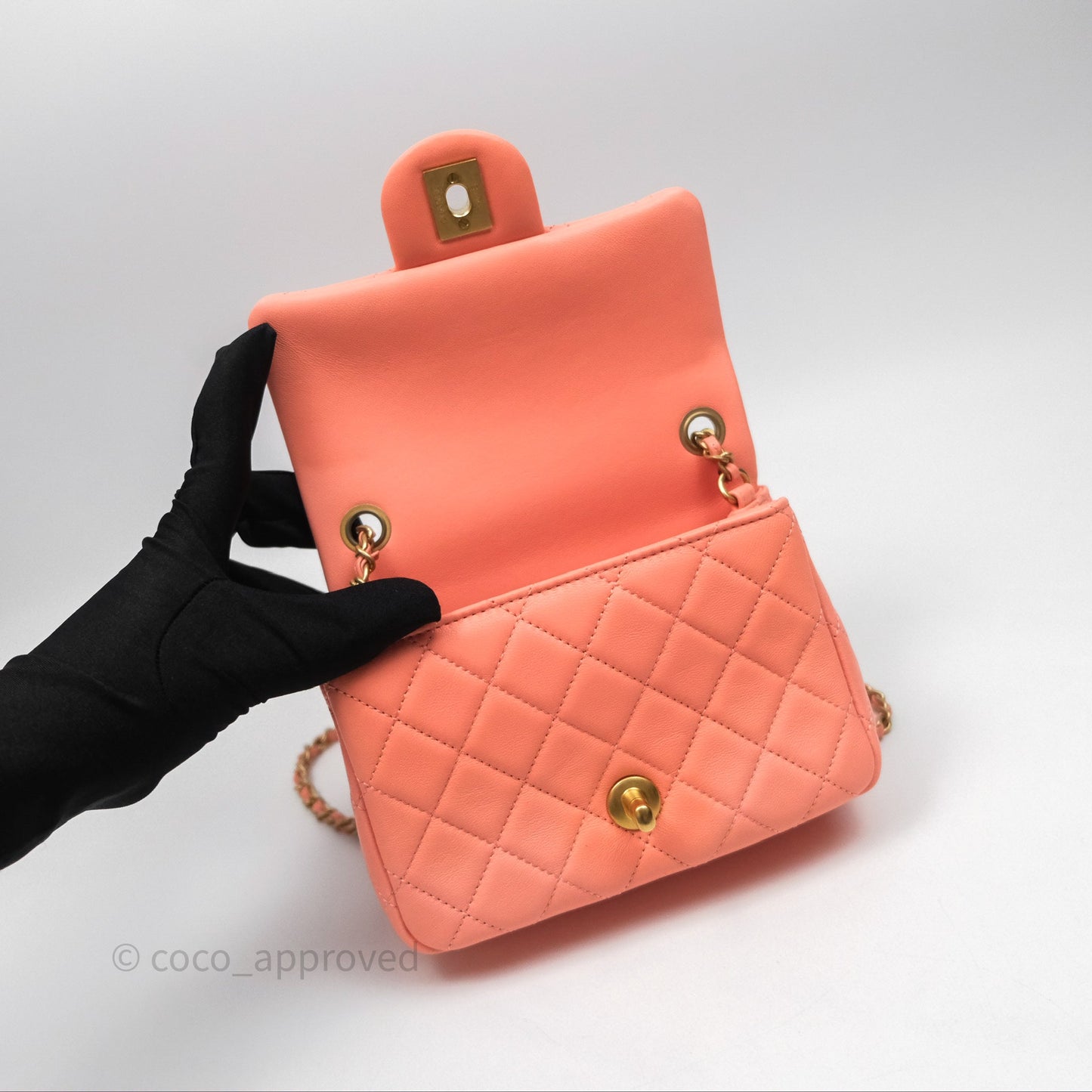 Chanel Pearl Crush Mini Square Quilted Peachy Pink Lambskin Aged Gold Hardware