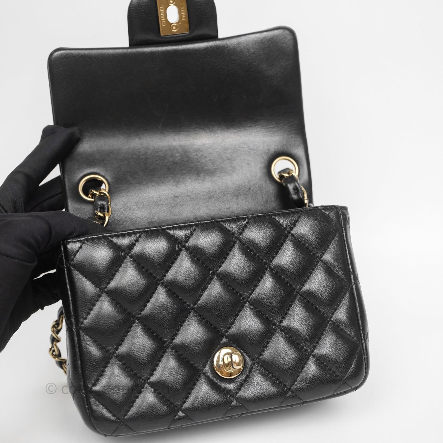 Chanel Mini Square Quilted Black Lambskin Gold Hardware