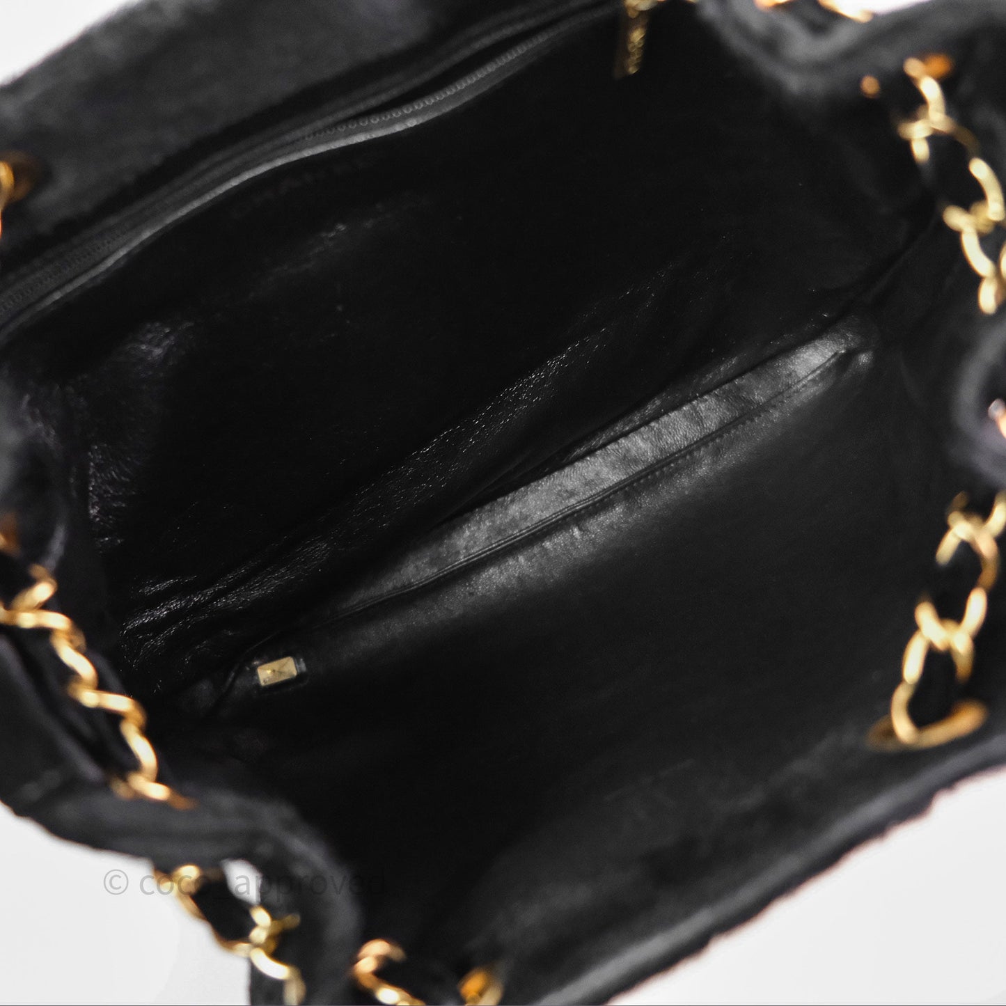 Chanel Vintage Quilted Drawstring Tote Bag Pony Hair Velvet Gold Hardware