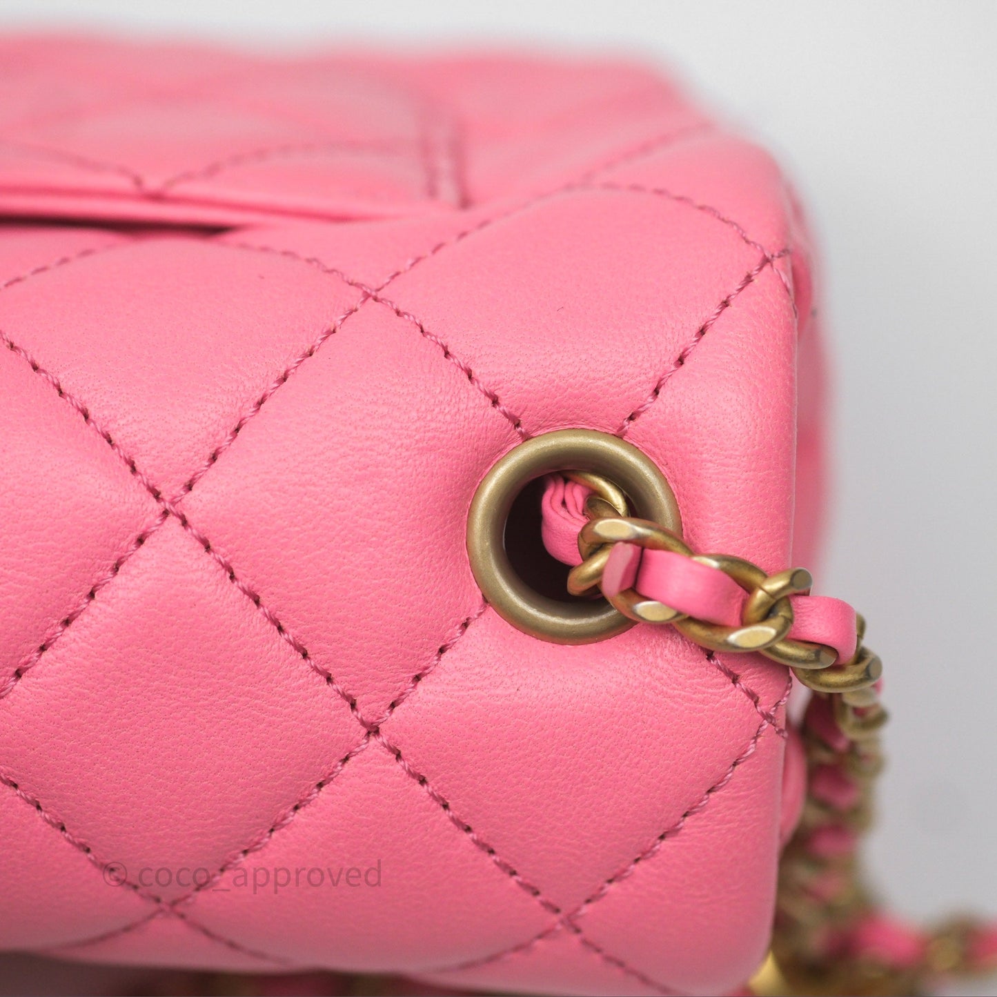 Chanel Mini Rectangular Pearl Crush Quilted Pink Lambskin Aged Gold Hardware