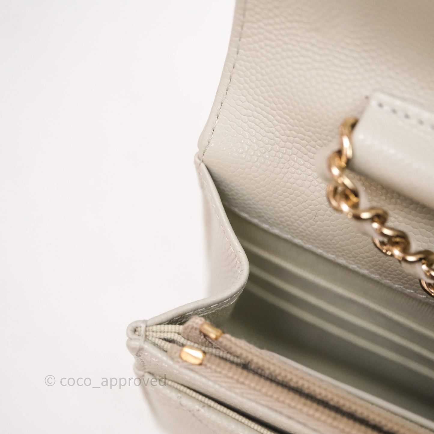 Chanel Quilted Wallet on Chain WOC Light Grey Caviar Gold Hardware 24S