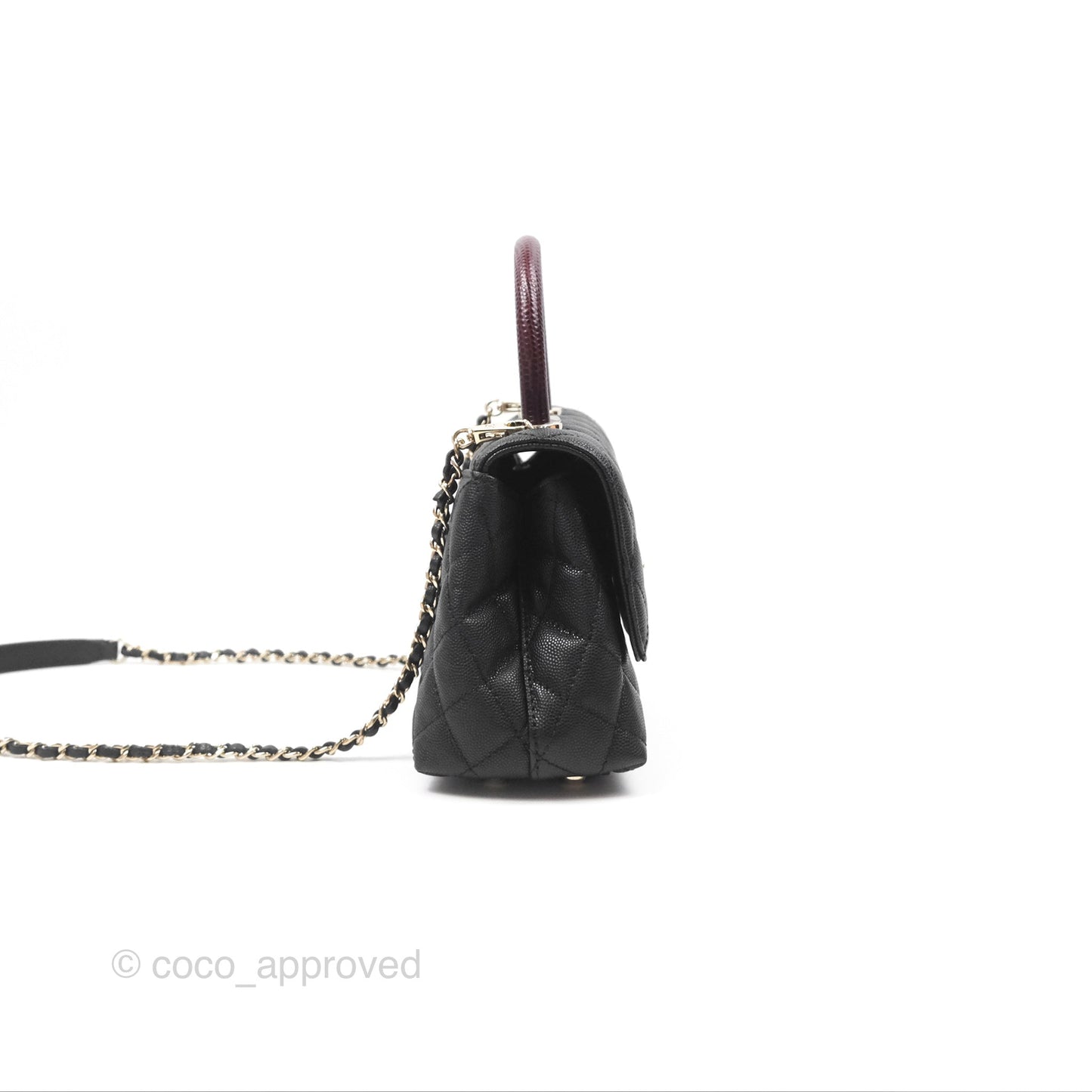 Chanel Small Coco Handle Quilted Black Caviar Gold Hardware Embossed Lizard Handle