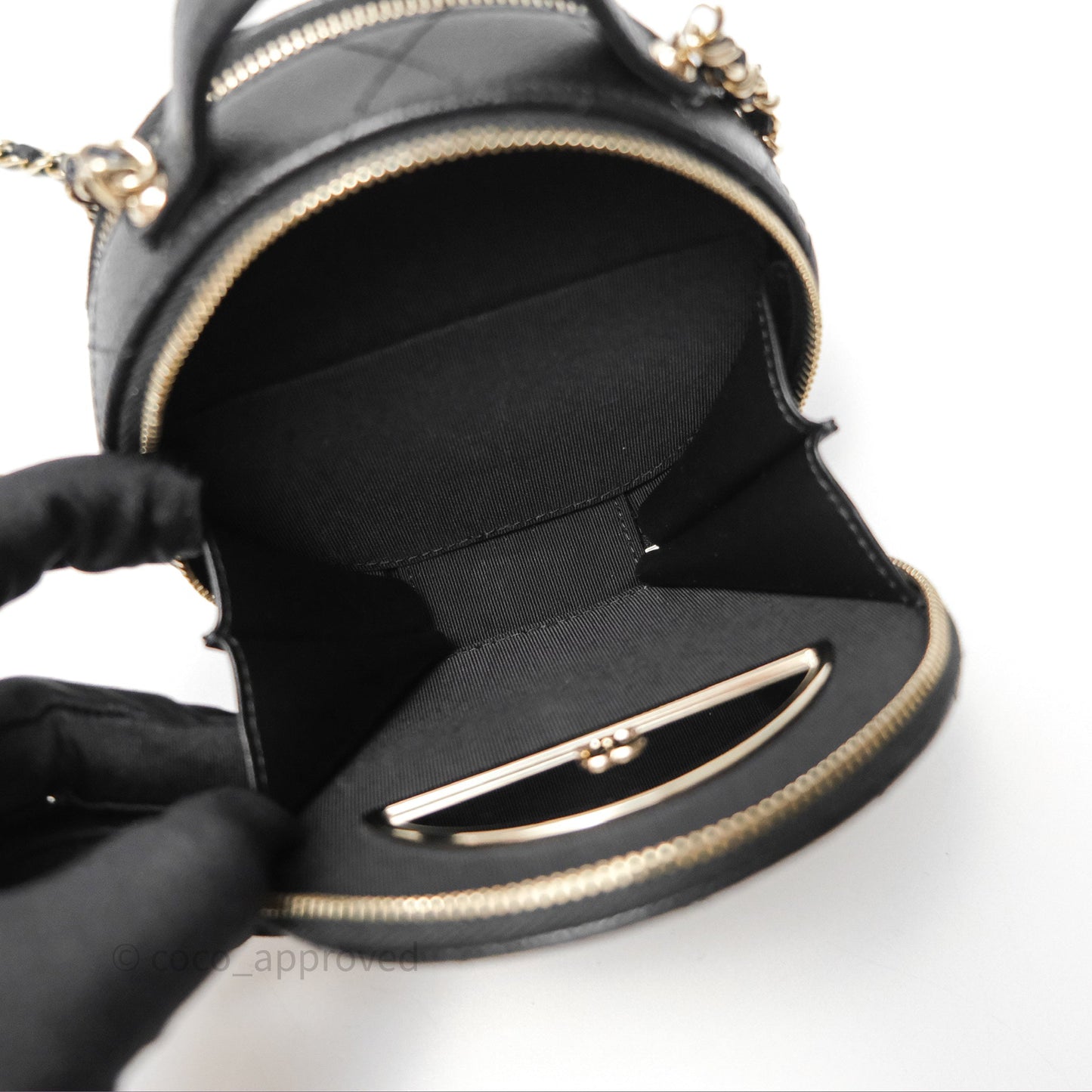 Chanel Mini Round Vanity Bag Handle With Care Black Caviar 22C