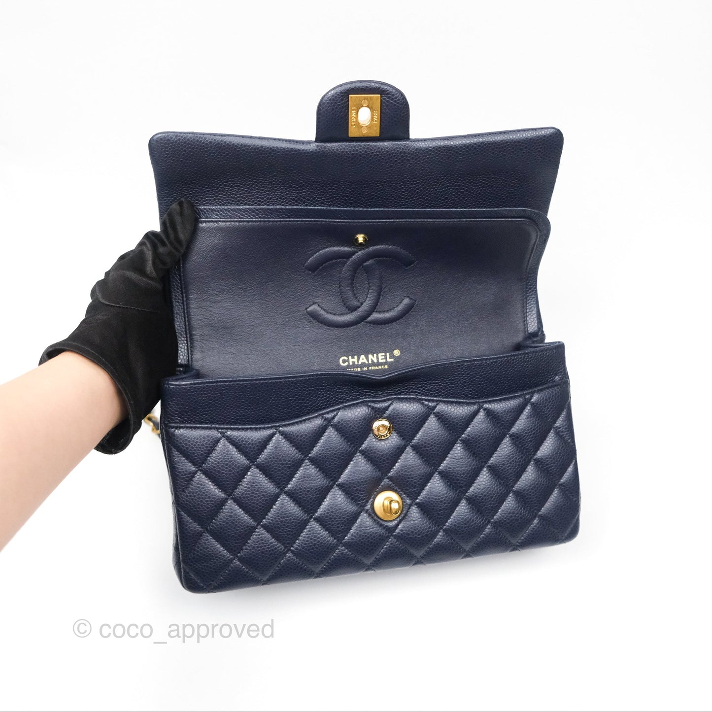 Chanel Classic M/L Medium Flap Quilted French Navy Caviar Aged Gold Hardware