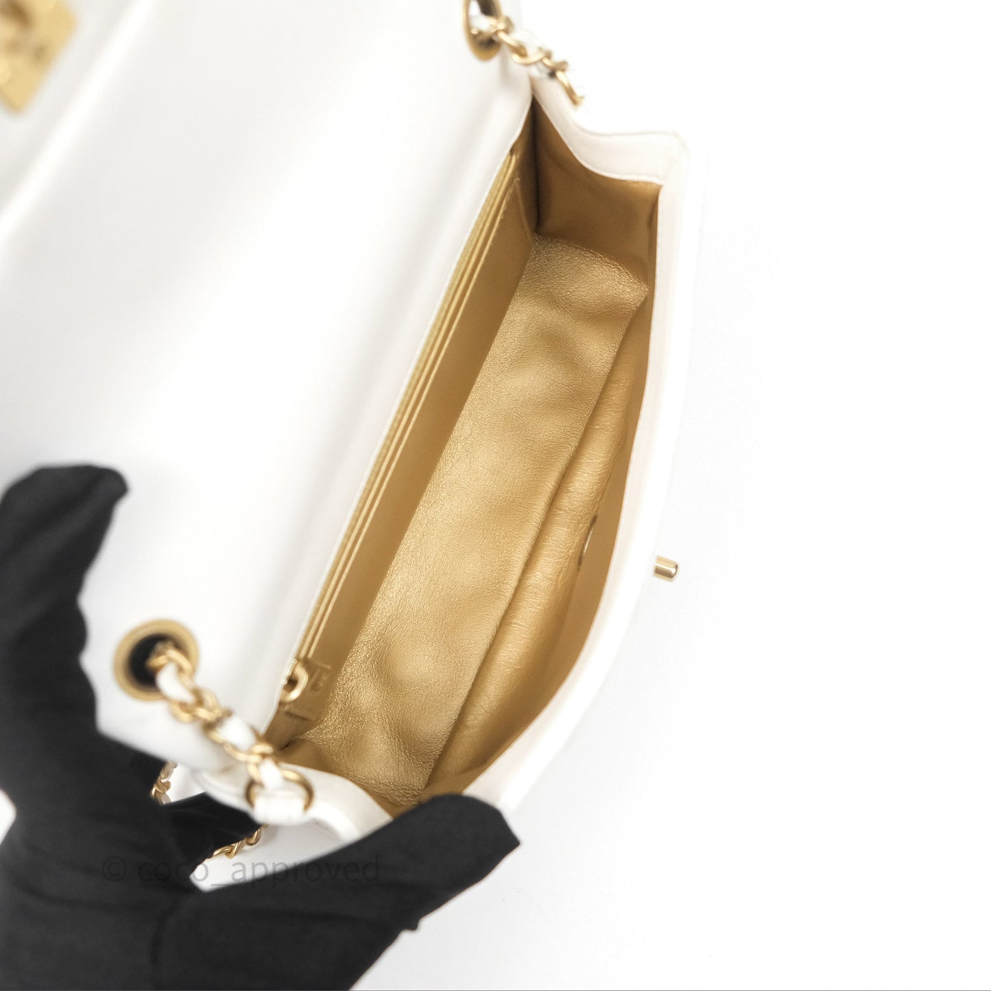 Chanel Mini Rectangular Pearl Crush Quilted White Lambskin Aged Gold Hardware