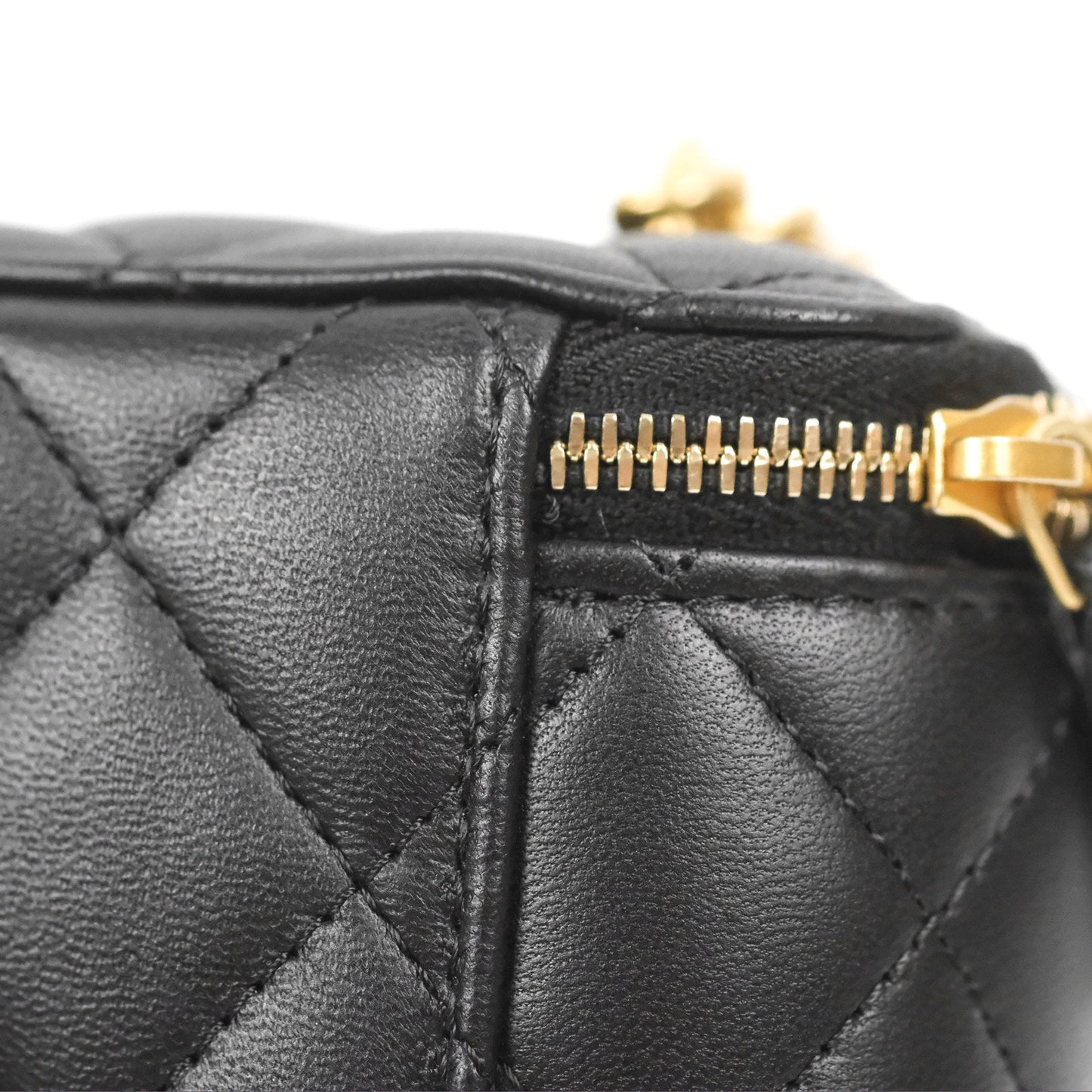Chanel Quilted Vanity Rectangular with Camellia Adjustable Chain Black Lambskin 23S