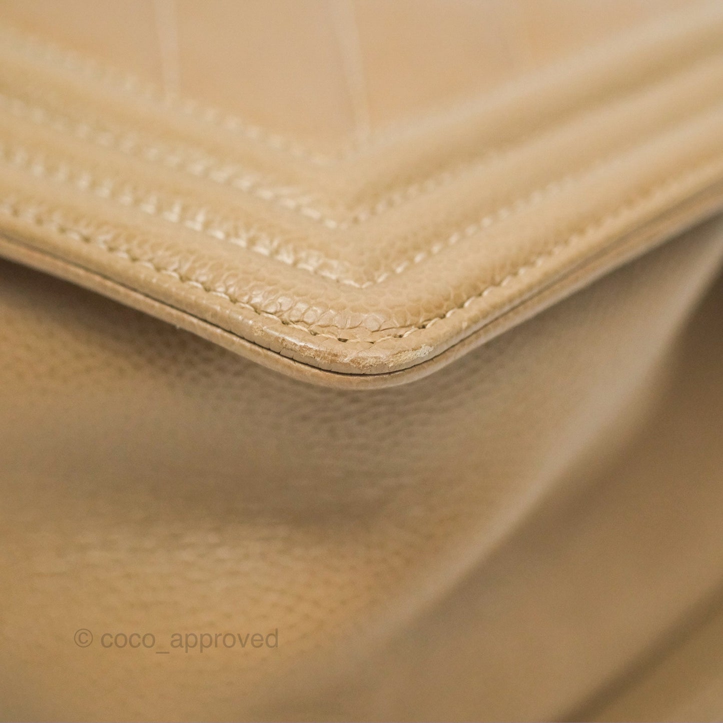 Chanel Medium Boy Chevron Beige Caviar Aged Gold Hardware