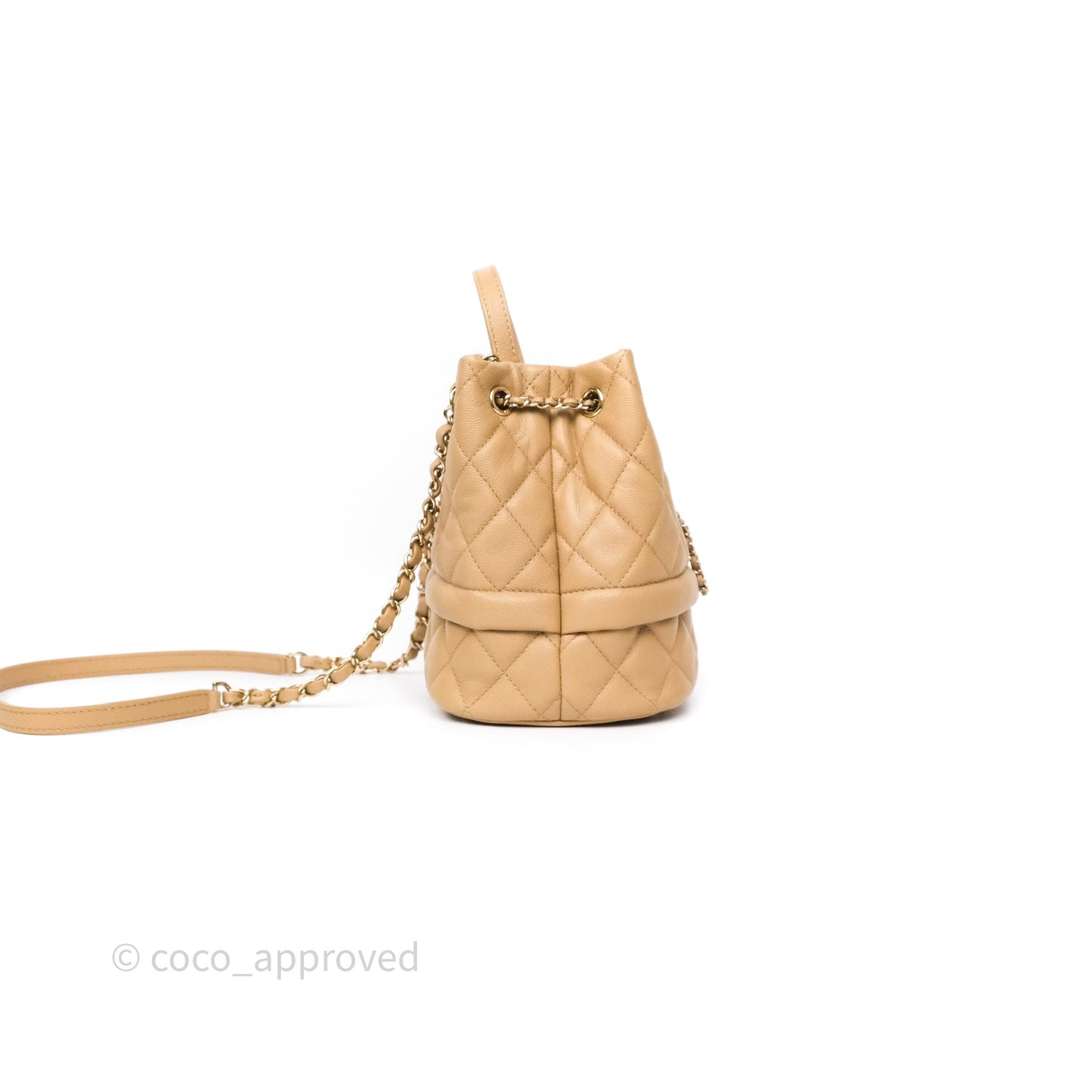 Chanel Rolled Up Bucket Drawstring Bag Beige Caviar Gold Hardware
