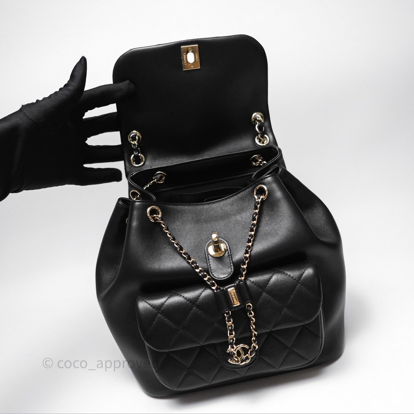 Chanel Quilted Large Duma Drawstring Backpack Black Lambskin Gold Hardware
