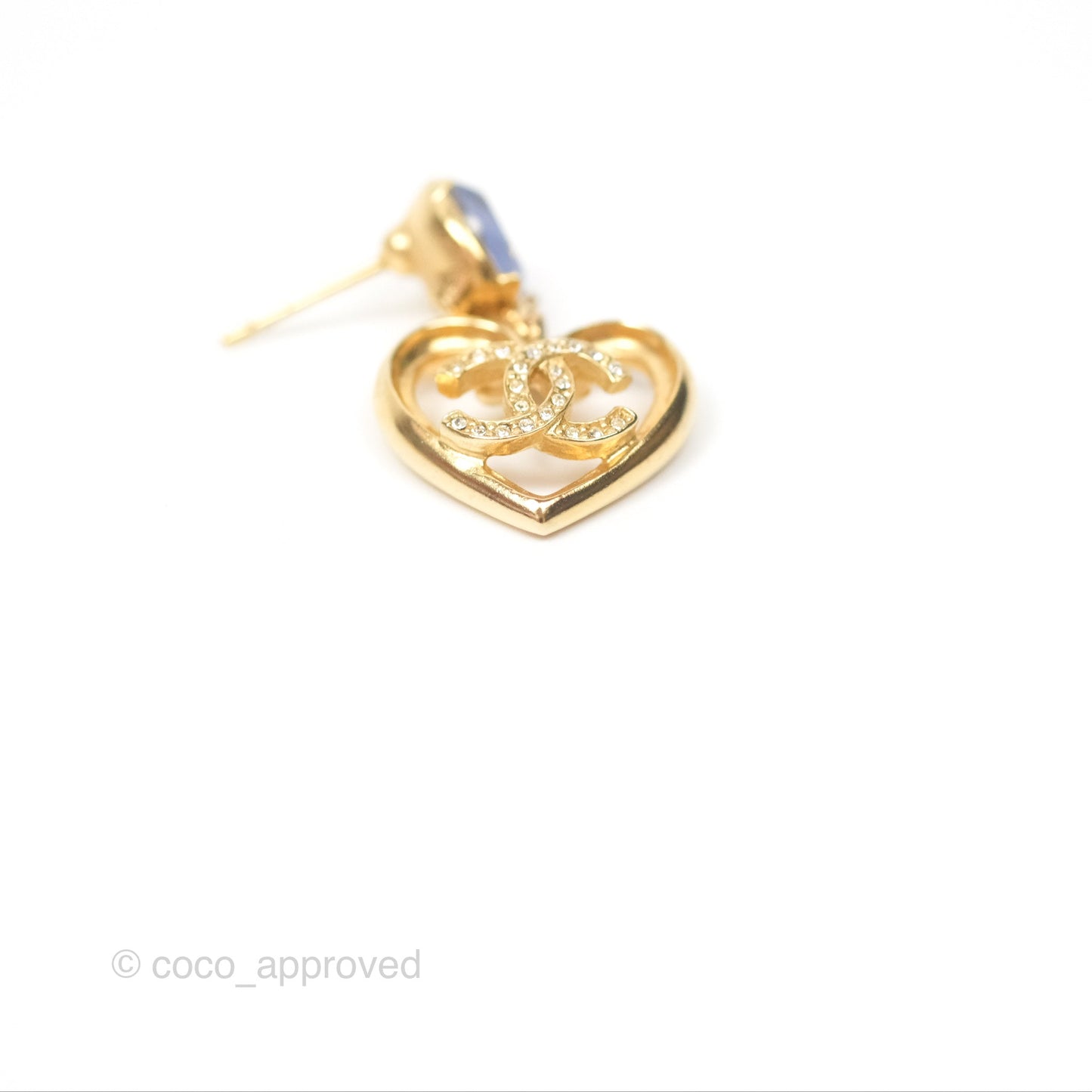 Chanel Oval Blue Resin Heart CC Drop Earrings Gold Tone 23C