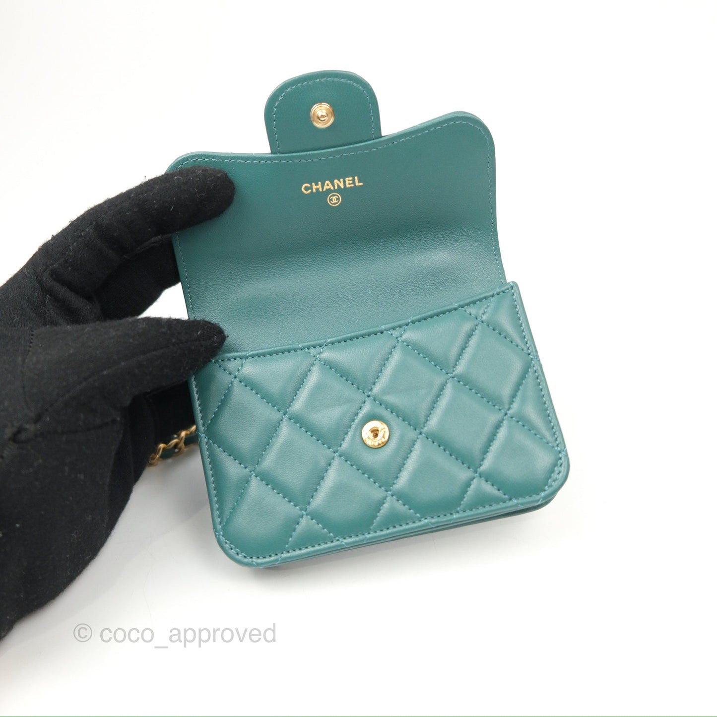 Chanel Mini Handle Flap Coin Purse With Chain Teal Green Lambskin Aged Gold Hardware