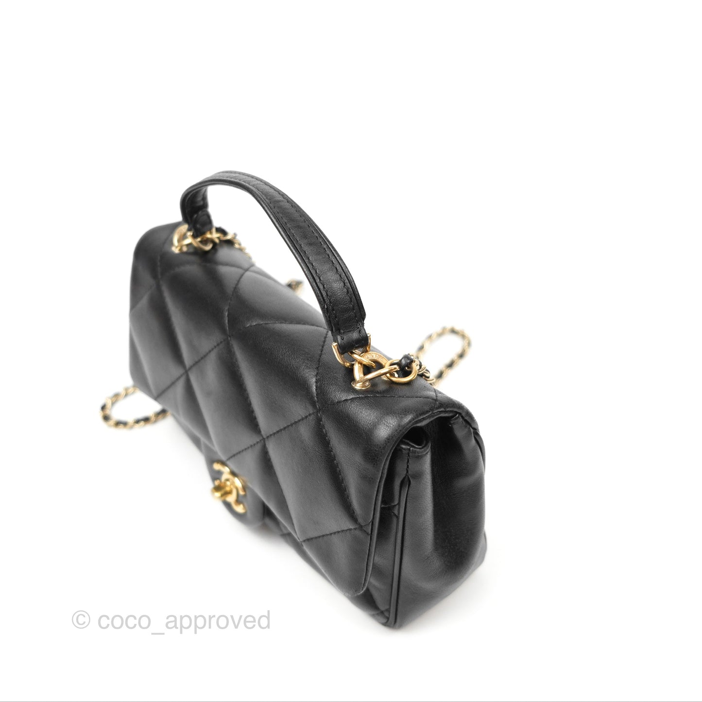 Chanel Small Coco Lady Quilted Flap Bag With Top Handle Black Calfskin Gold Hardware