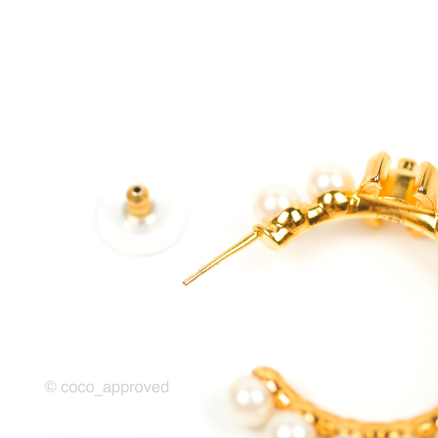 Chanel CC Pearl Hoop Earrings Gold Tone 20A