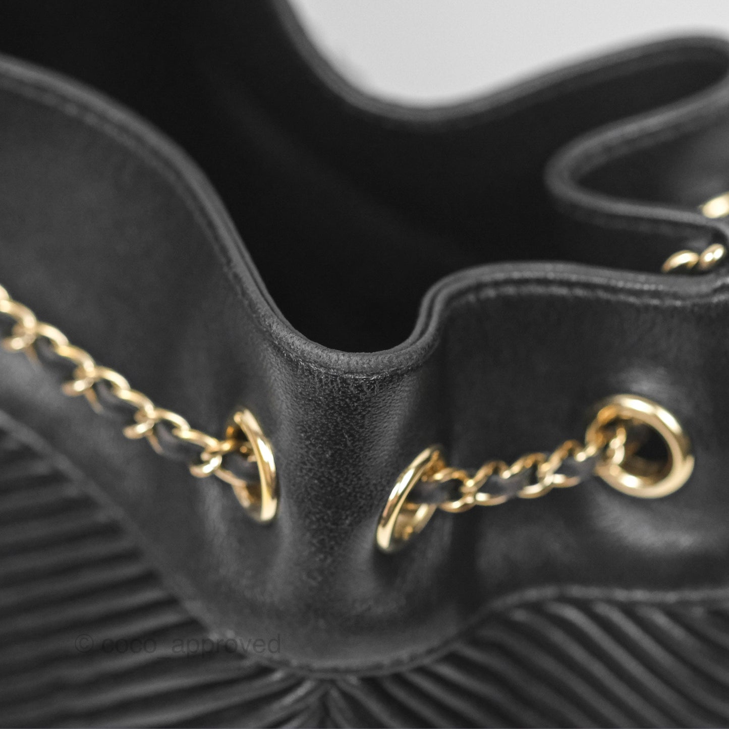 Chanel CC Chain Drawstring Bucket Bag Chevron Black Lambskin Gold Hardware