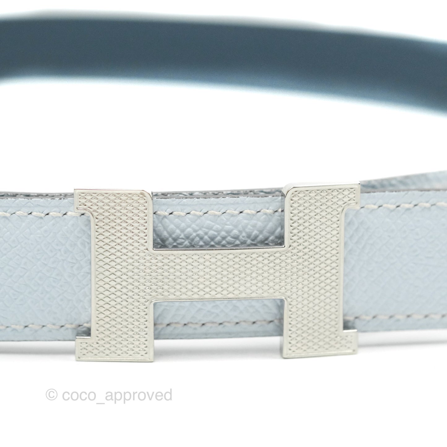 Hermès Guillochee H Silver Belt Buckle & Reversible Sky Blue Epsom & Swift