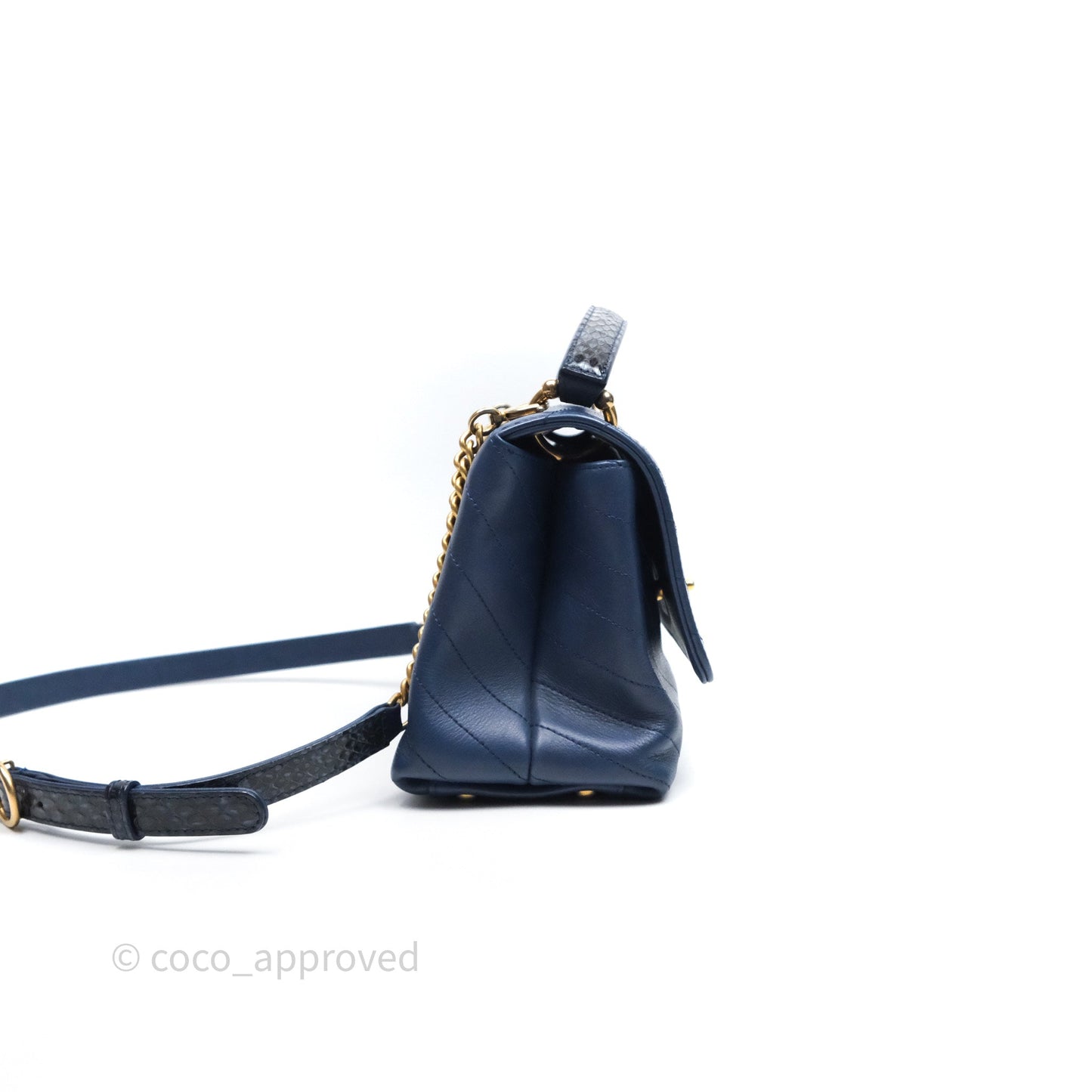 Chanel Small Chevron Python Chic Top Handle Flap Blue Calfskin Gold Hardware