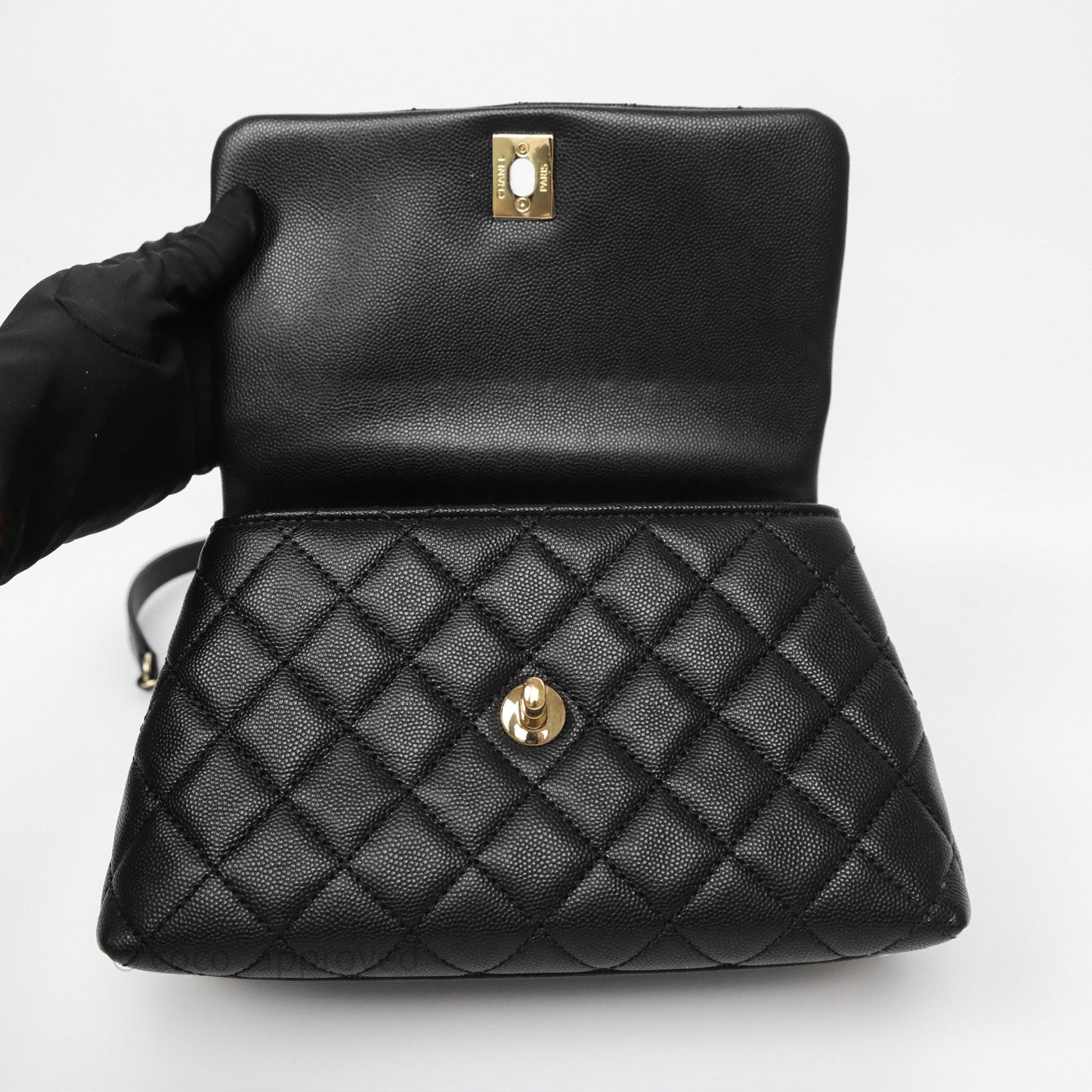 Chanel Small Coco Handle Quilted Black Caviar Gold Hardware Lizard Handle