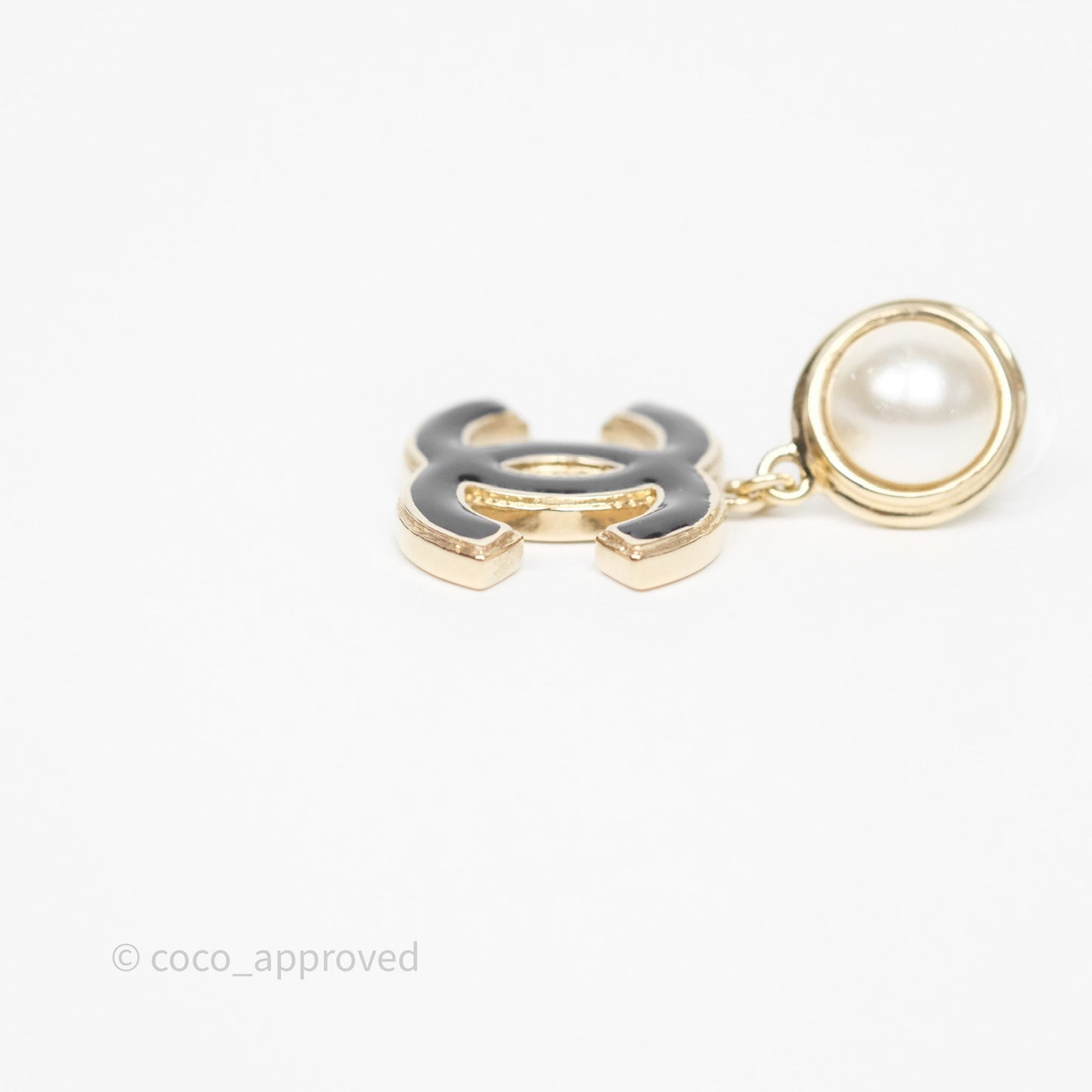 Chanel Round Pearl CC Black Resin Drop Earrings Gold Tone 22A