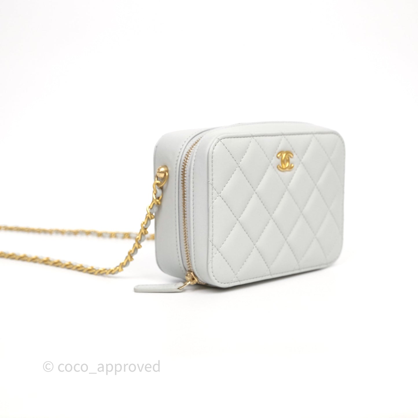 Chanel Quilted CC Pearl Crush Camera Case Light Blue Grey Lambskin Aged Gold Hardware