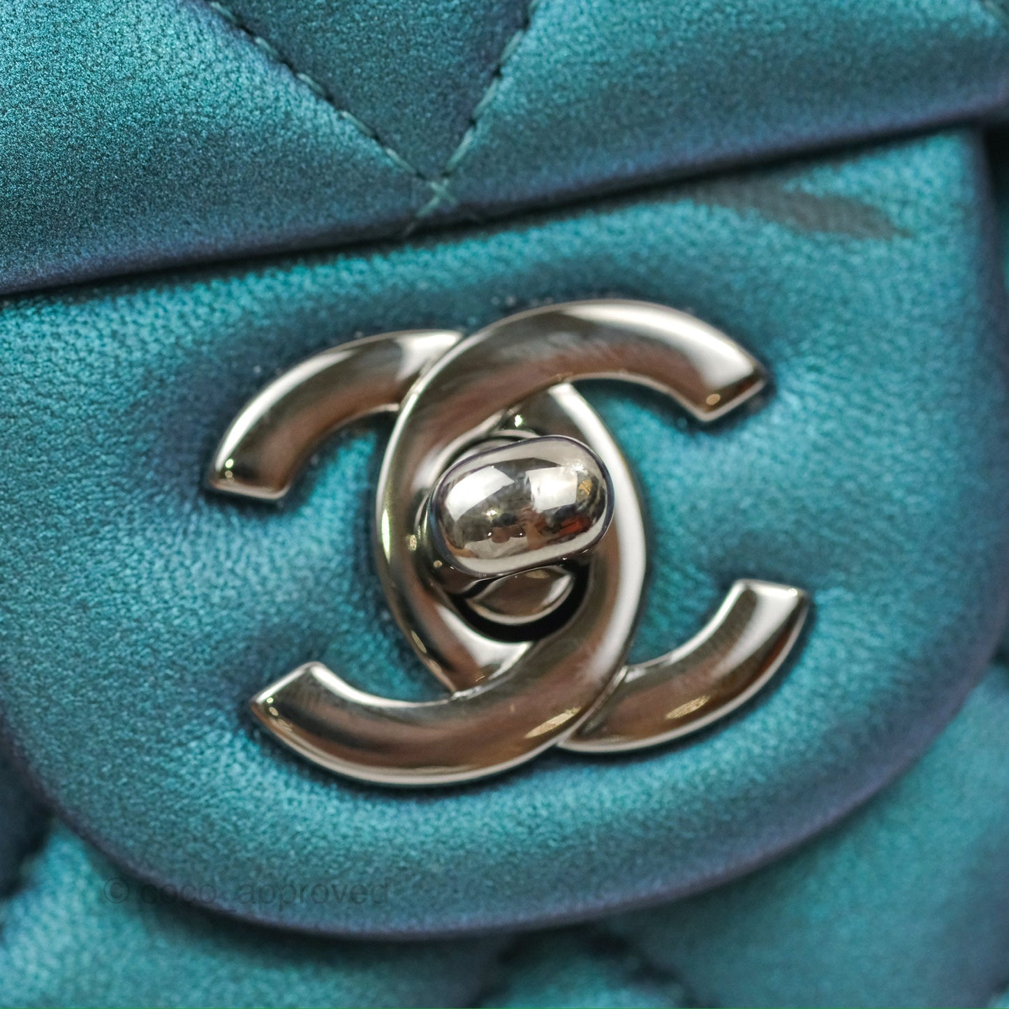 Chanel Mini Square Flap Quilted Iridescent Teal Lambskin Gun Metal