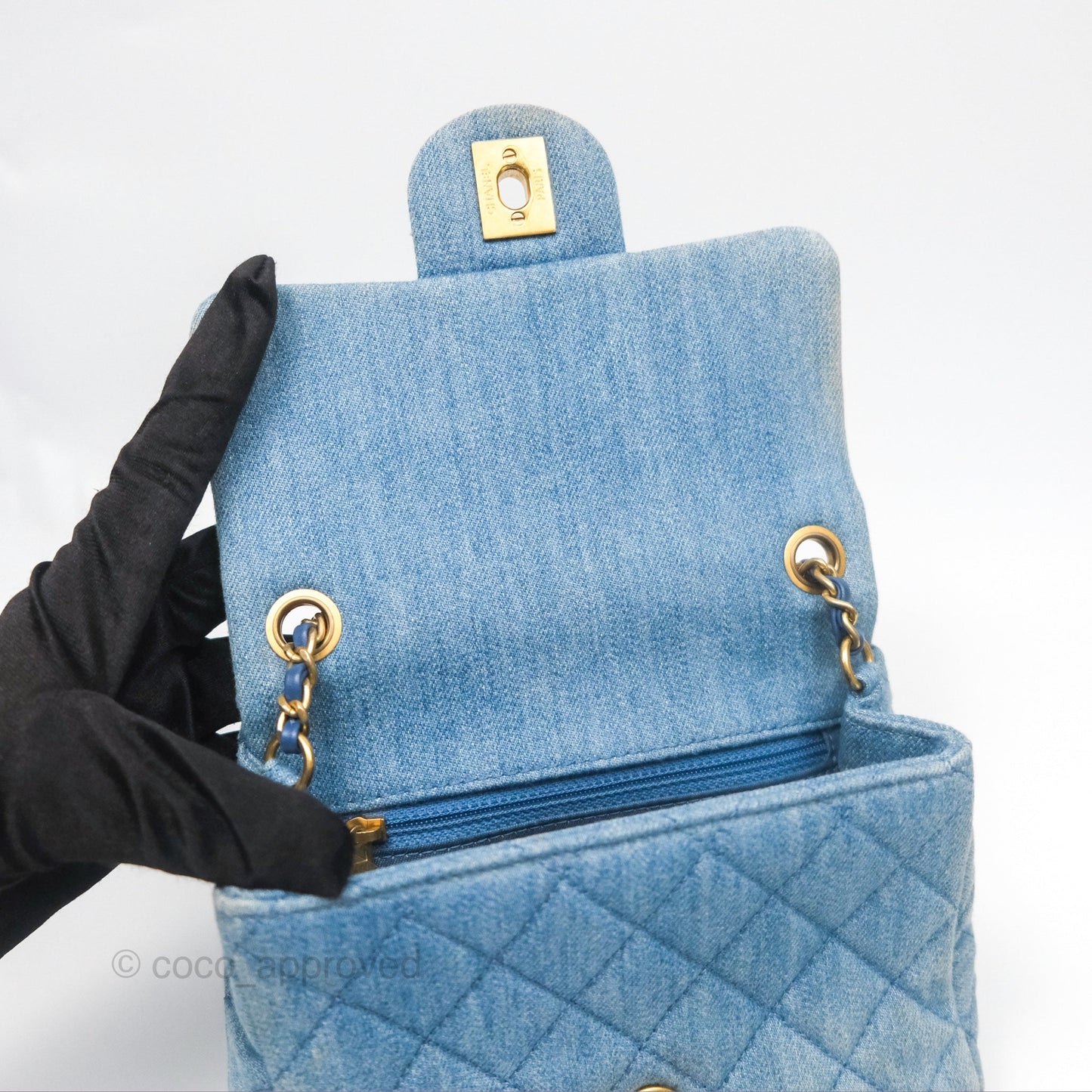 Chanel Mini Square Pearl Crush Quilted Denim Aged Gold Hardware