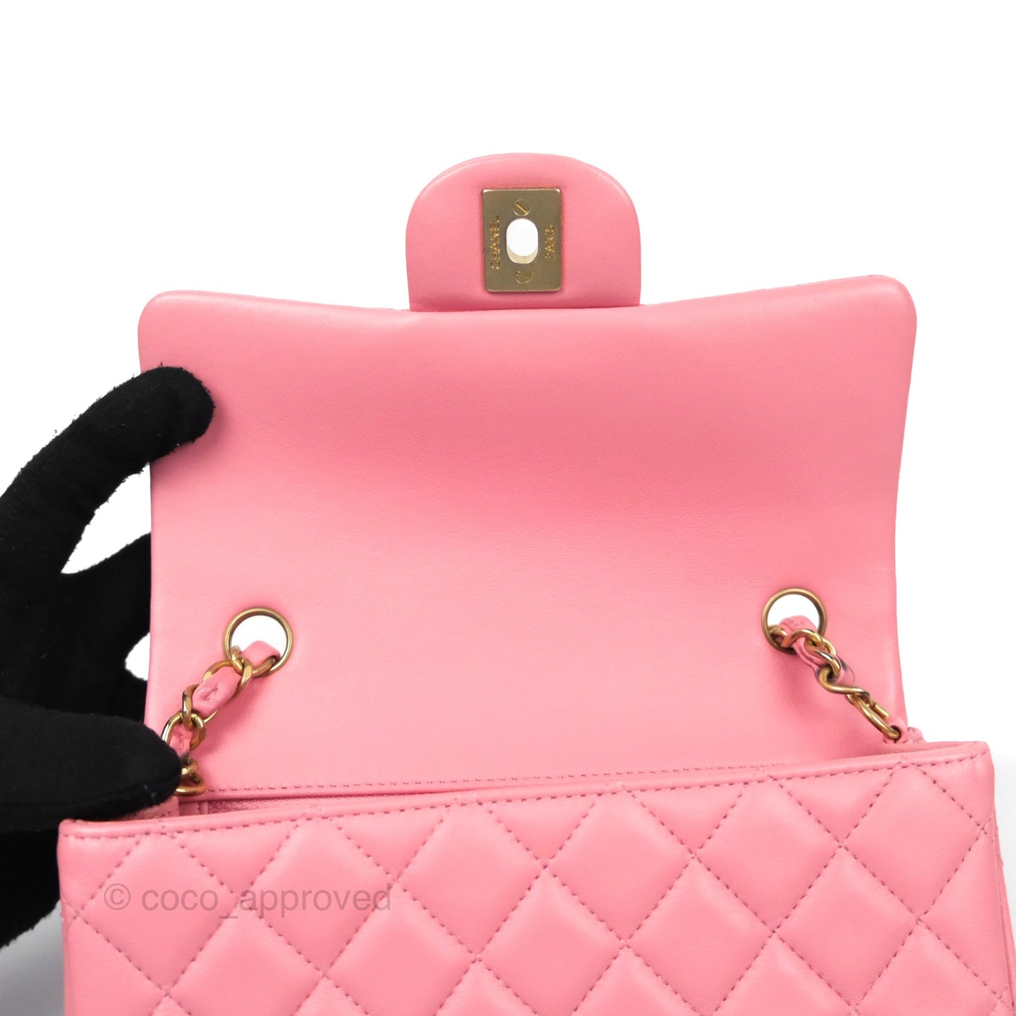 Chanel Quilted Mini Rectangular Flap Pink Lambskin Aged Gold Hardware